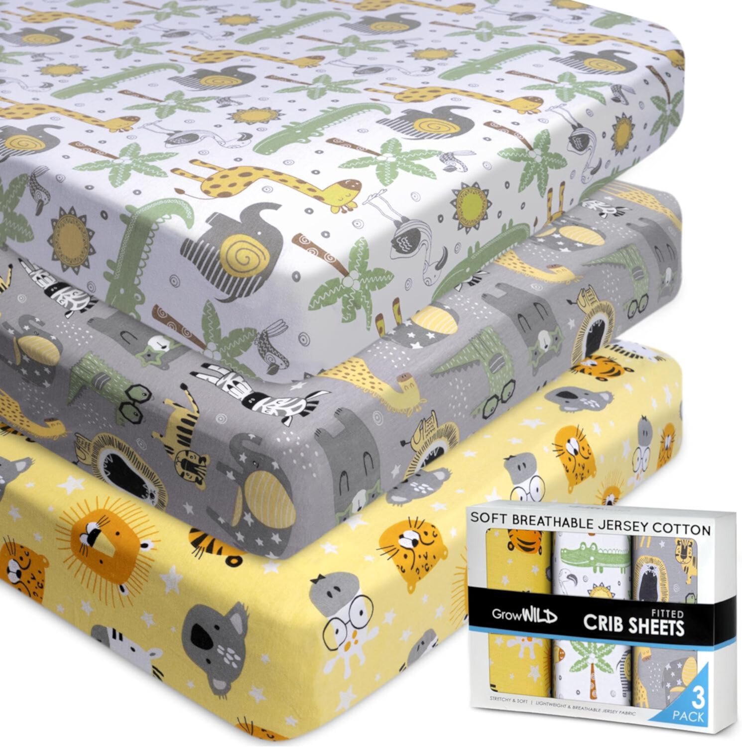 Grow Wild Baby Crib Sheets for Boys or Girls (3 Pack), Soft Jersey Cotton Fitted Crib Sheets for Infant, Babies or Toddlers Unisex - 52"x 28" x 9", Safari Animals Grow Wild