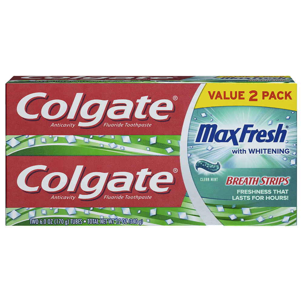 Colgate Max Fresh Toothpaste with Mini Breath Strips, Clean Mint - 6 Ounce (2 Pack) Colgate