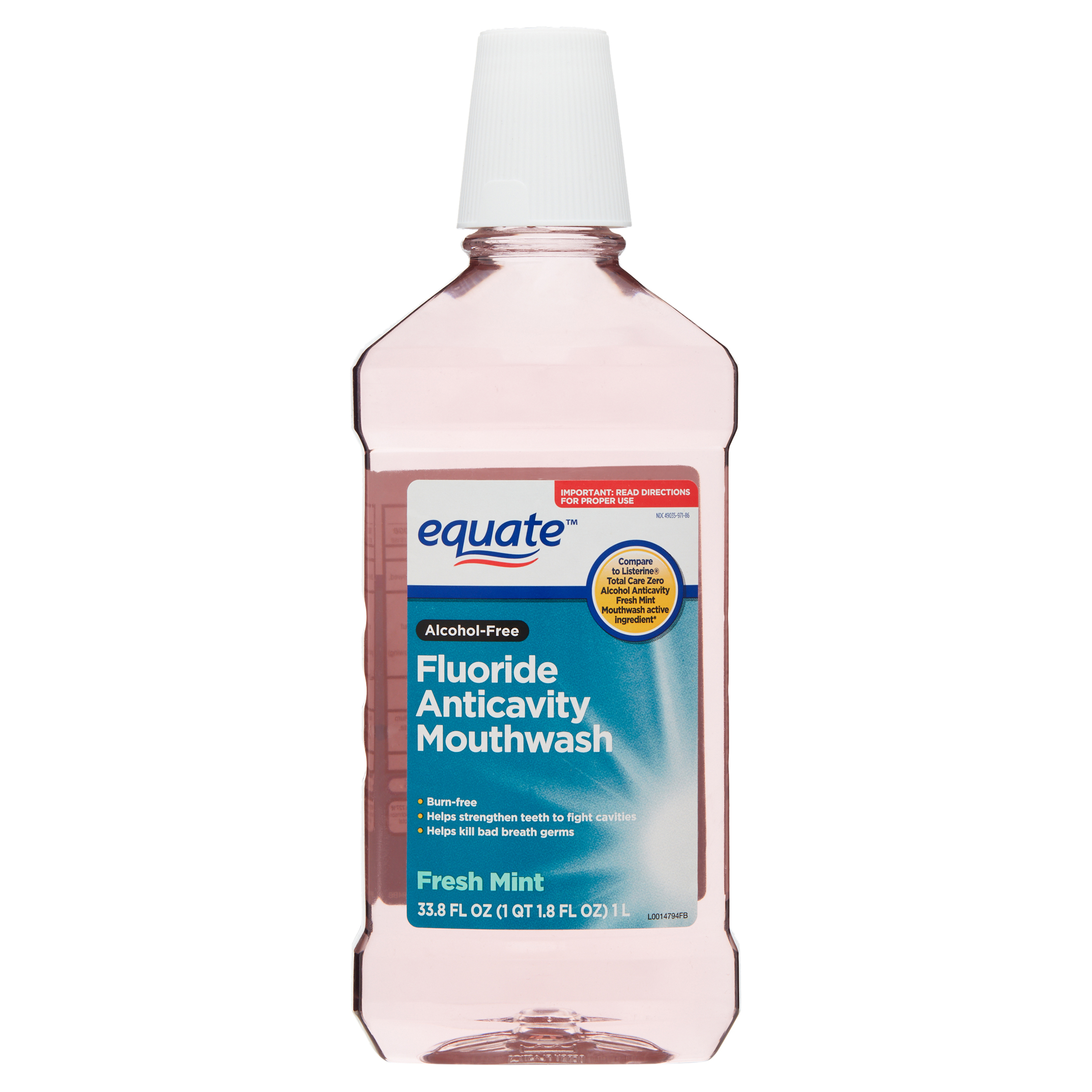 Equate Alcohol-Free Fluoride Anticavity Mouthwash, Fresh Mint, 33.8 fl oz Equate