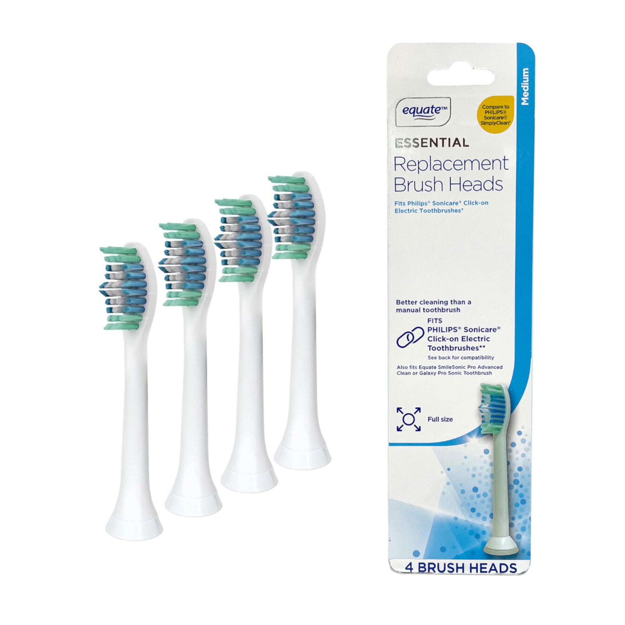 Equate Essential Replacement Toothbrush Brush Heads for Teeth Cleaning, White, 4 Count Equate