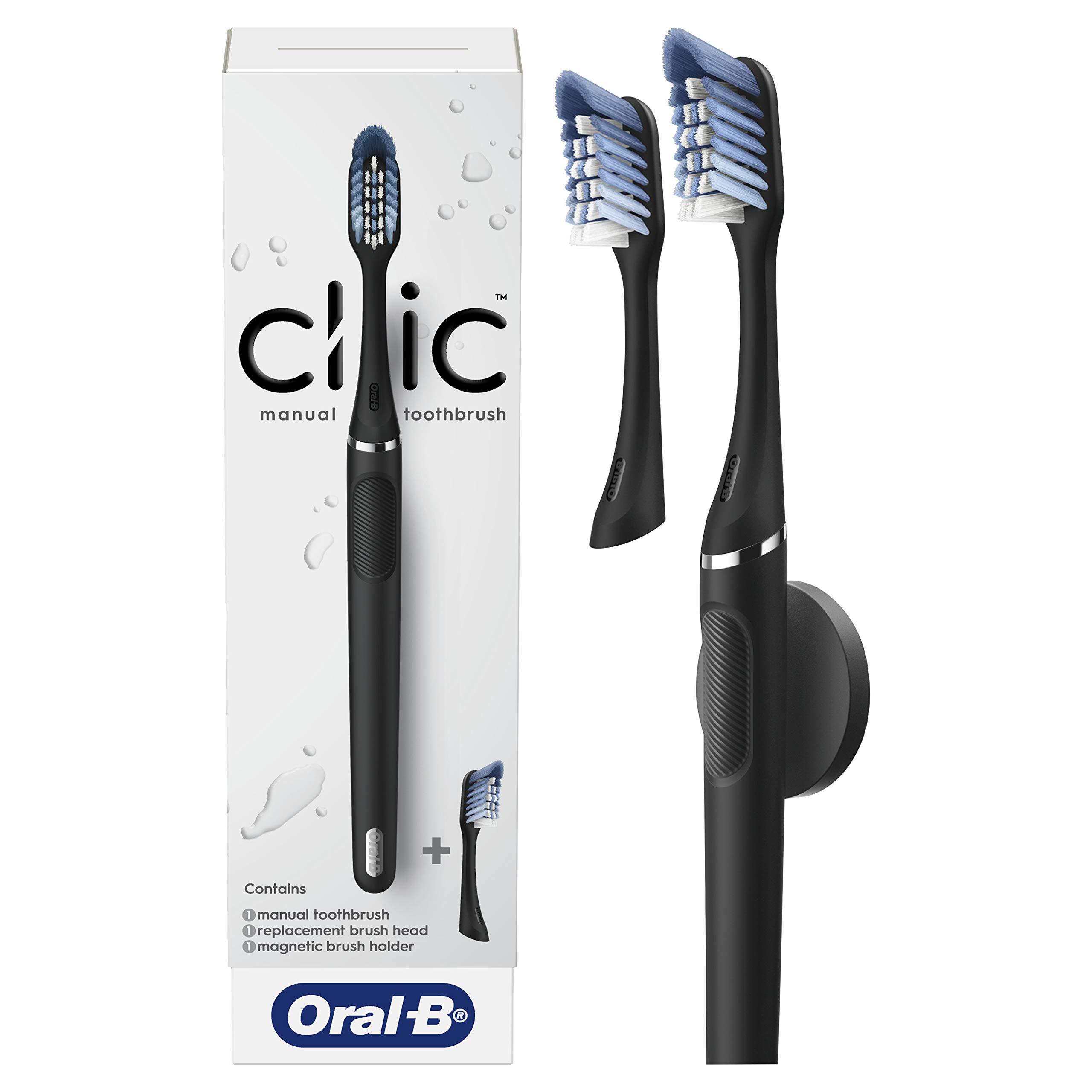 Oral B Clic Manual Toothbrush Matte Black with 1 Bonus Replacement Brush Head and Magnetic Toothbrush Holder Oral-B