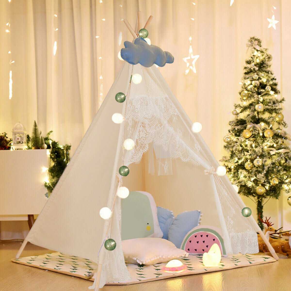 Gymax Kids Lace Teepee Tent Folding Children Playhouse W/Bag Christmas GYMAX