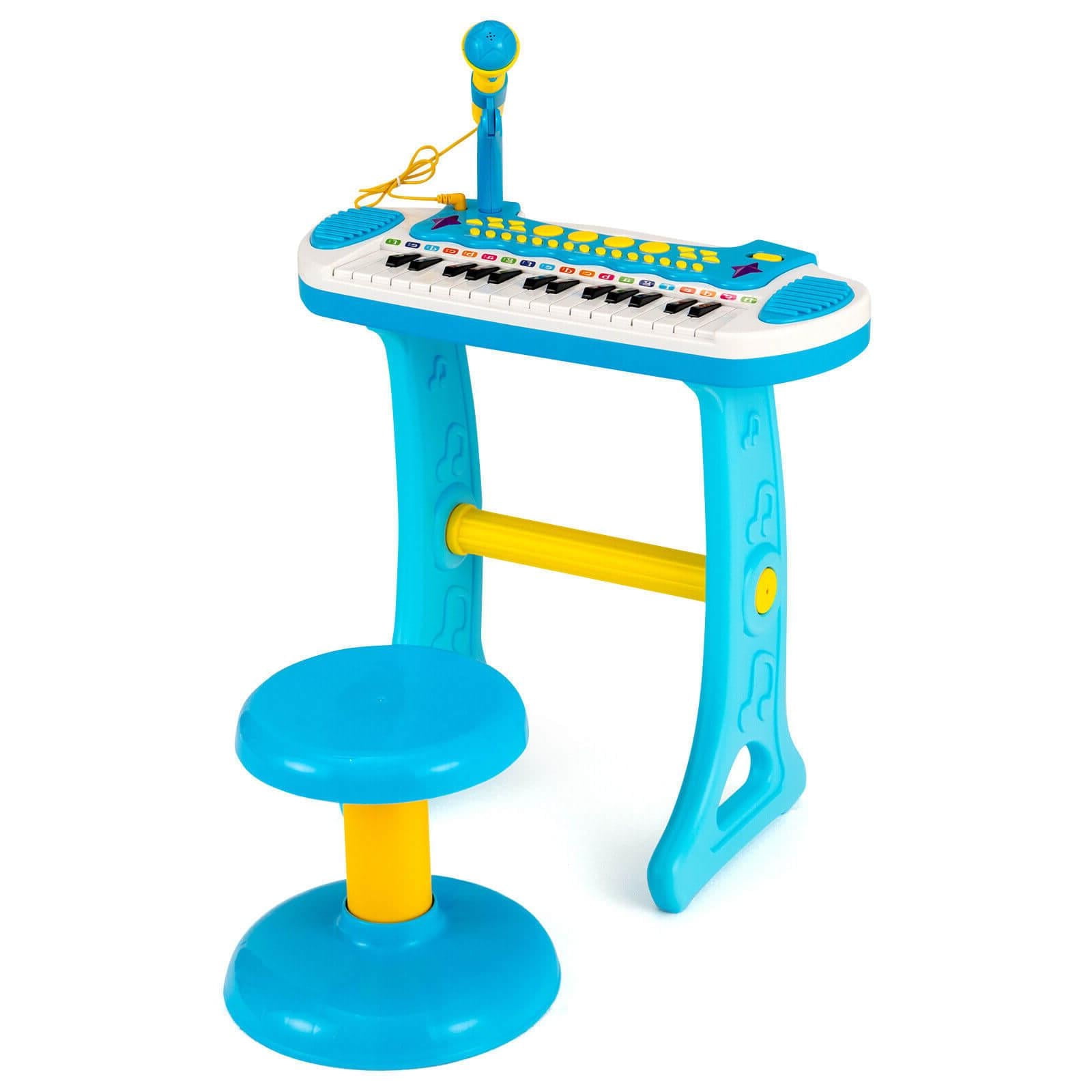 GLINTEX 31-Key Kids Piano Keyboard Toy with Microphone and Multiple Sounds for Age 3+,Angle-Adjustable Microphone and Extra Stool GLINTEX