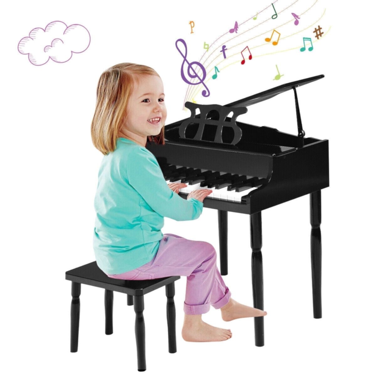 GLINTEX  30 Key Wood Toy Kids Grand Piano with Bench and Music Rack, Best Gift for Children,Black GLINTEX