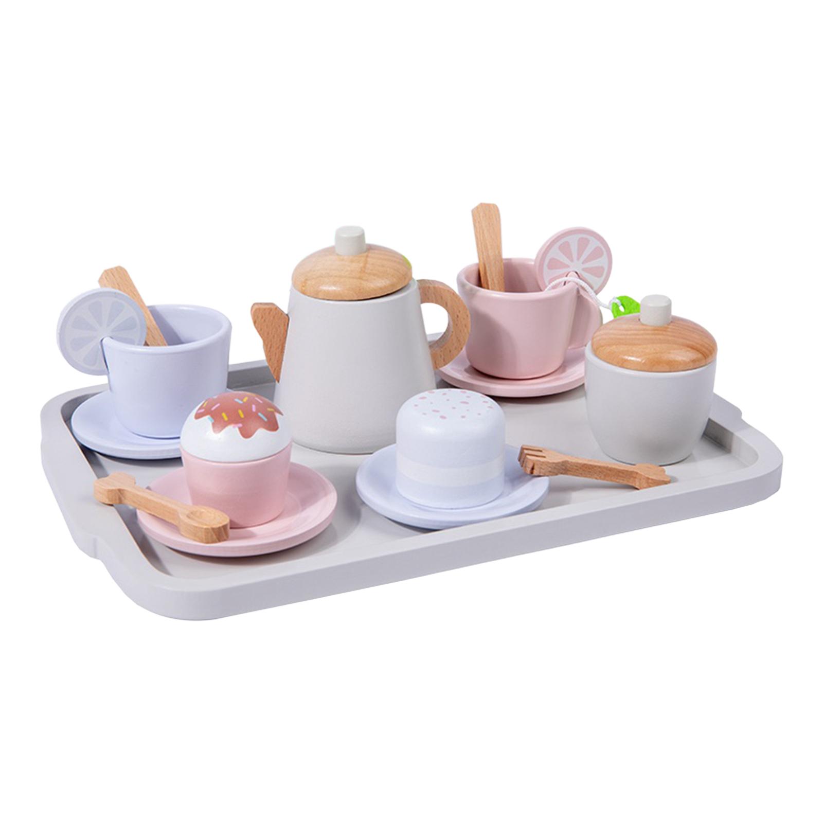 Almencla Toddlers Tea Set Kids Tea Set Educational Teapot Cups Tray Wooden Tea Party Set Afternoon Tea Playset for Children Kids Girls Almencla