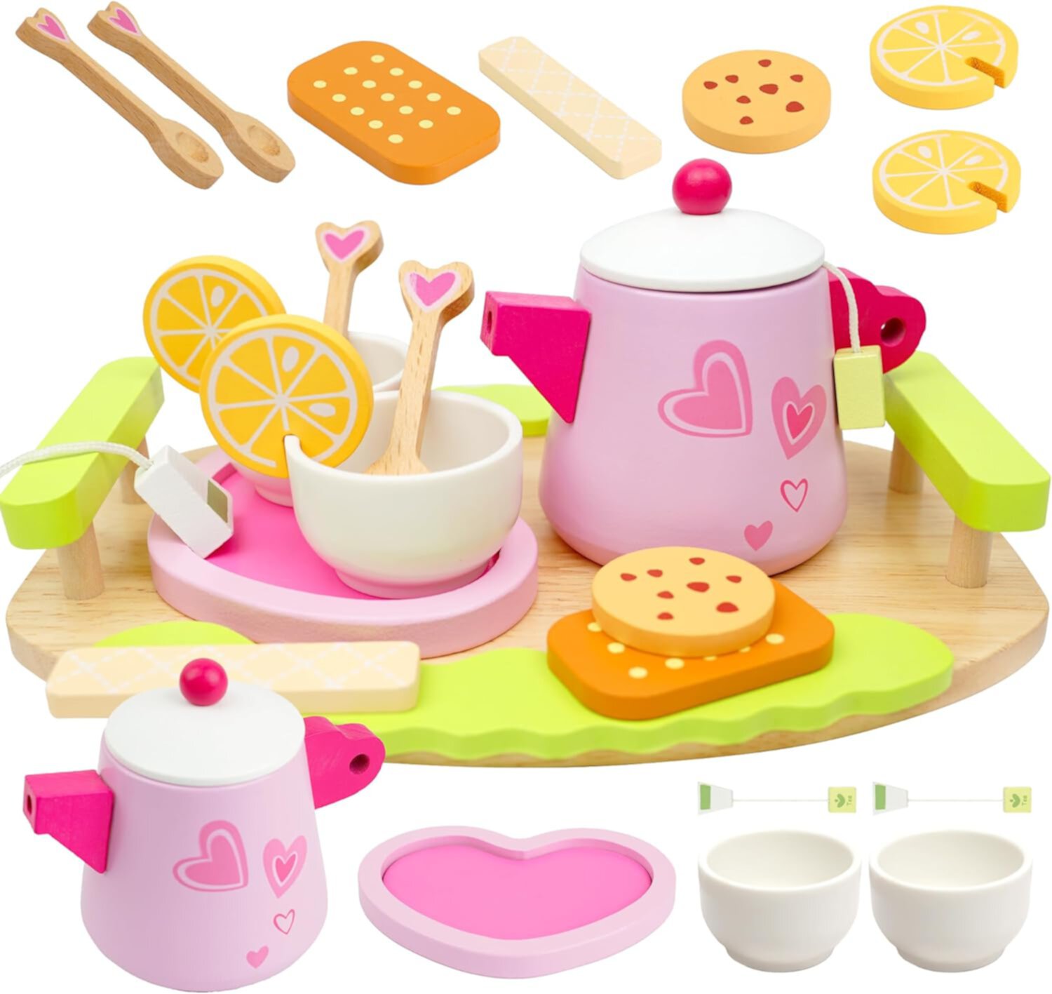 15pcs Play Tea Set for Girls, YCFUN Wooden Tea Party Set with Cookies Pretend Play Food, Toys for Toddlers Girls Boys 3 4 5 6 7 8 Years Old YCFUN