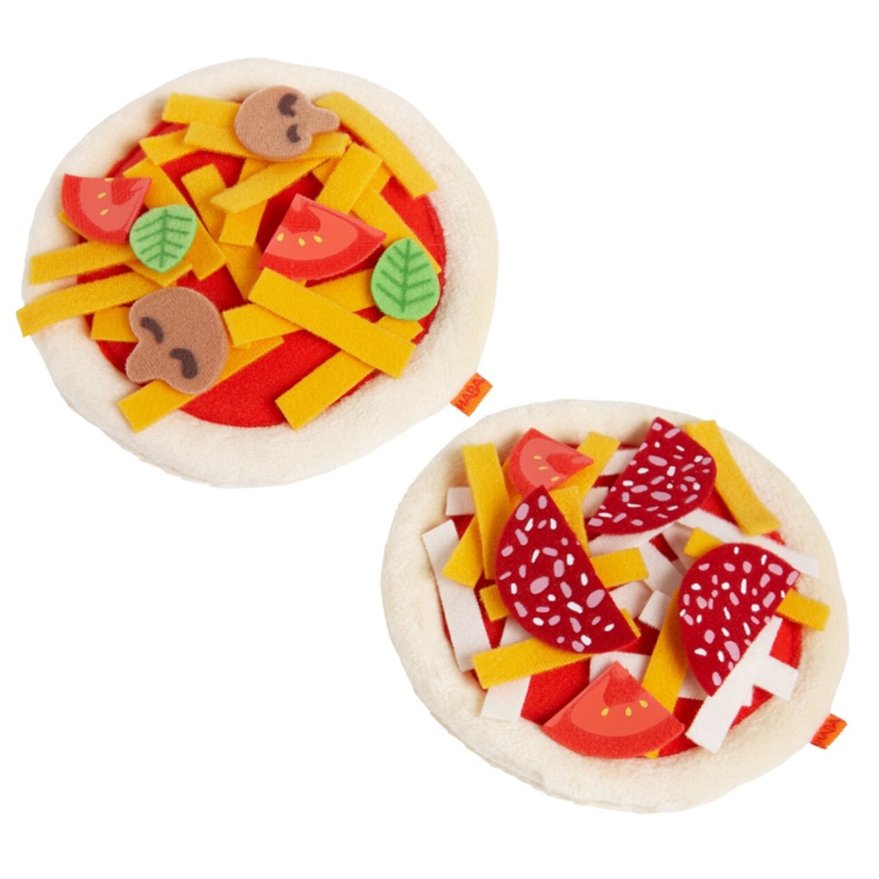 HABA Biofino Mini Pizzas - Two Small Pies with Loads of Fabric Toppings - Perfect for Pretend Role Play Haba