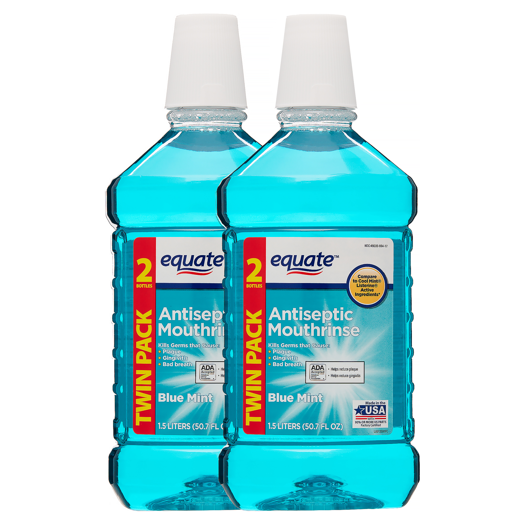 Equate Antiseptic Mouthwash, Blue Mint, 50.7 fl oz, 2 Pack Equate