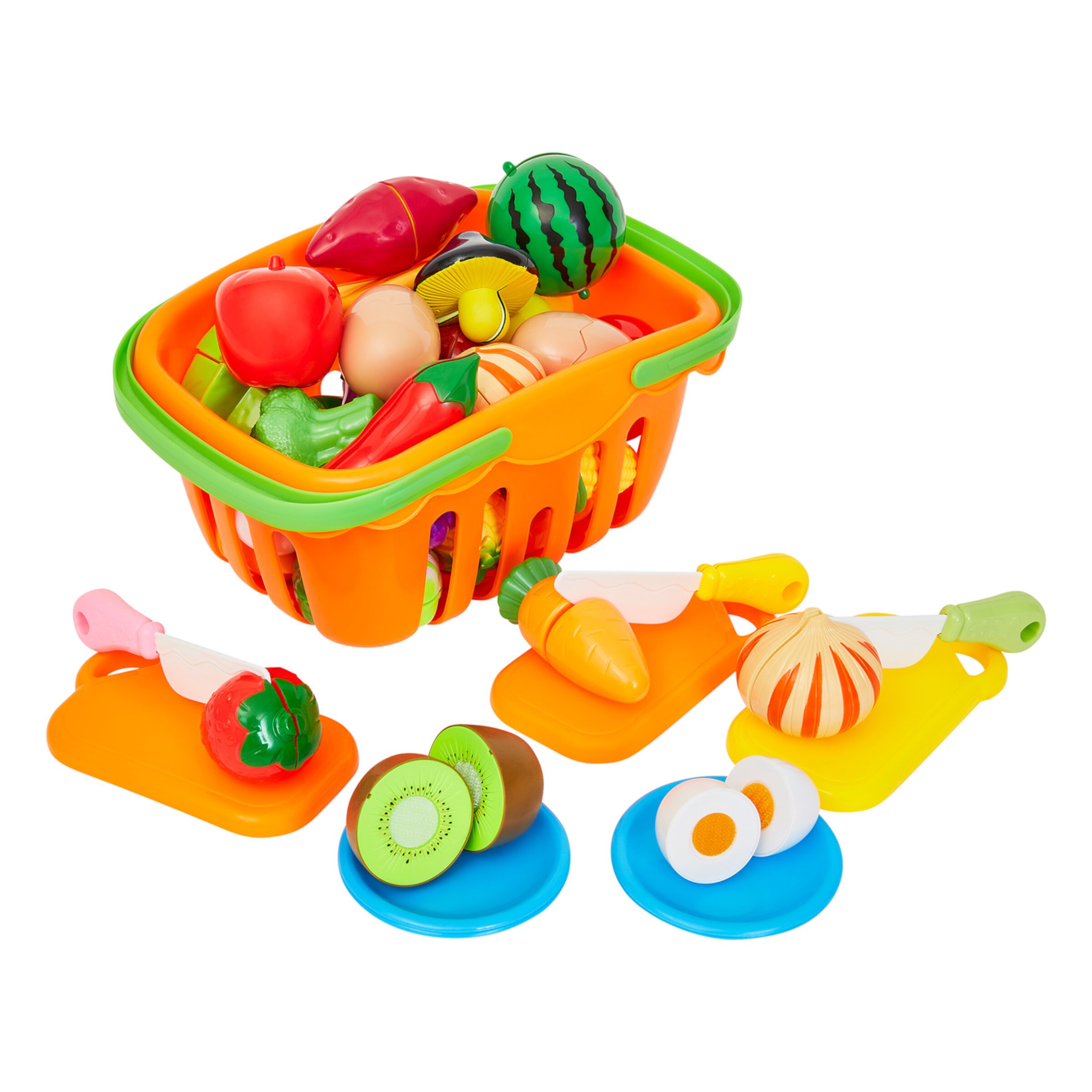 46-Piece Play Food Set - Includes 35 Cutting Play Food Toys, Grocery Basket, 3 Cutting Boards, 3 Knives, and 4 Dishes for Kids by Hey! Play! Hey! Play!