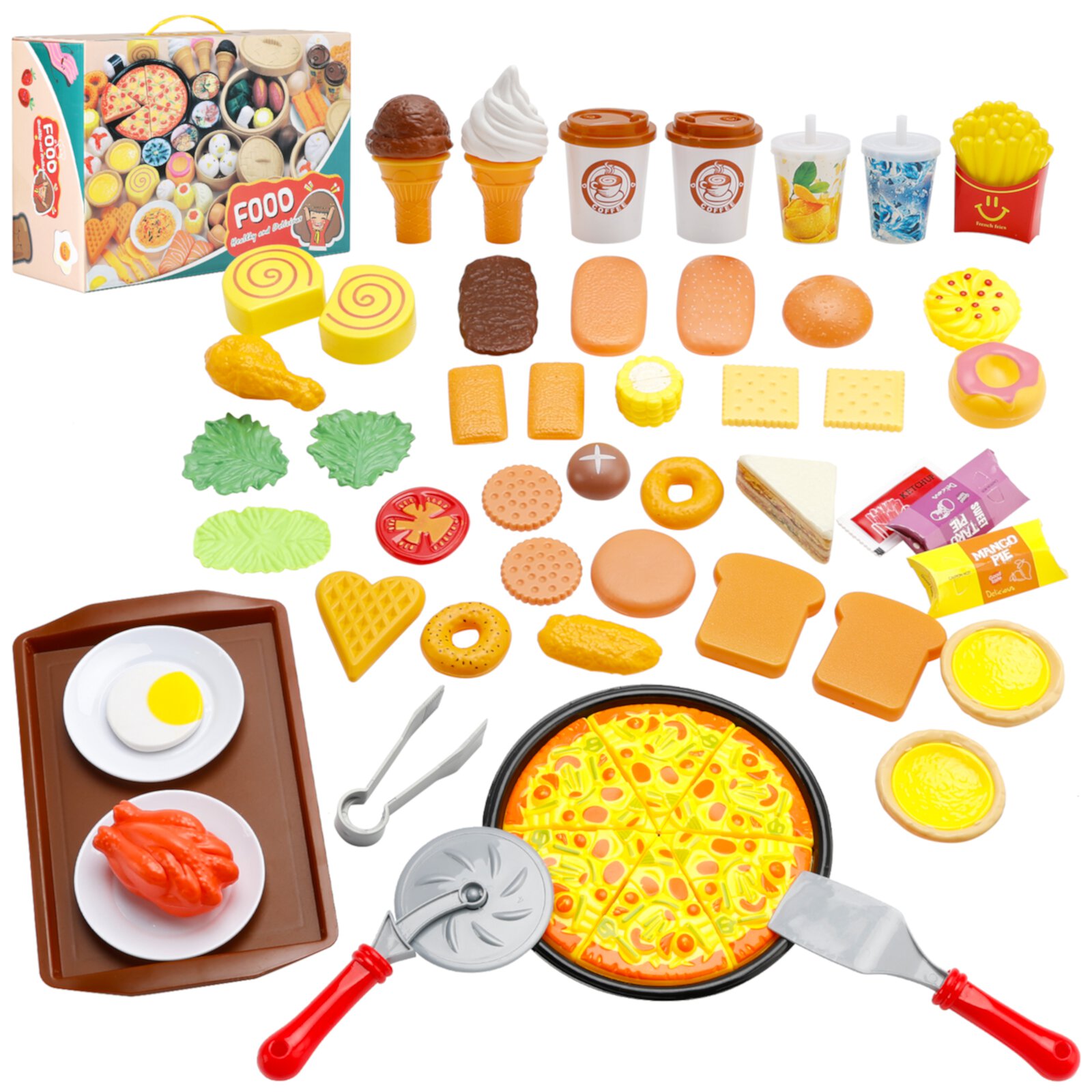 56 Pcs Pretend Play Food Toy for Kids Kitchen Aged 3 4 5, Fast Food Set, Pizza, Burger, Ice Cream, Cookie, Educational Birthday Toy Gift for Boys Girls Bruce & Shark