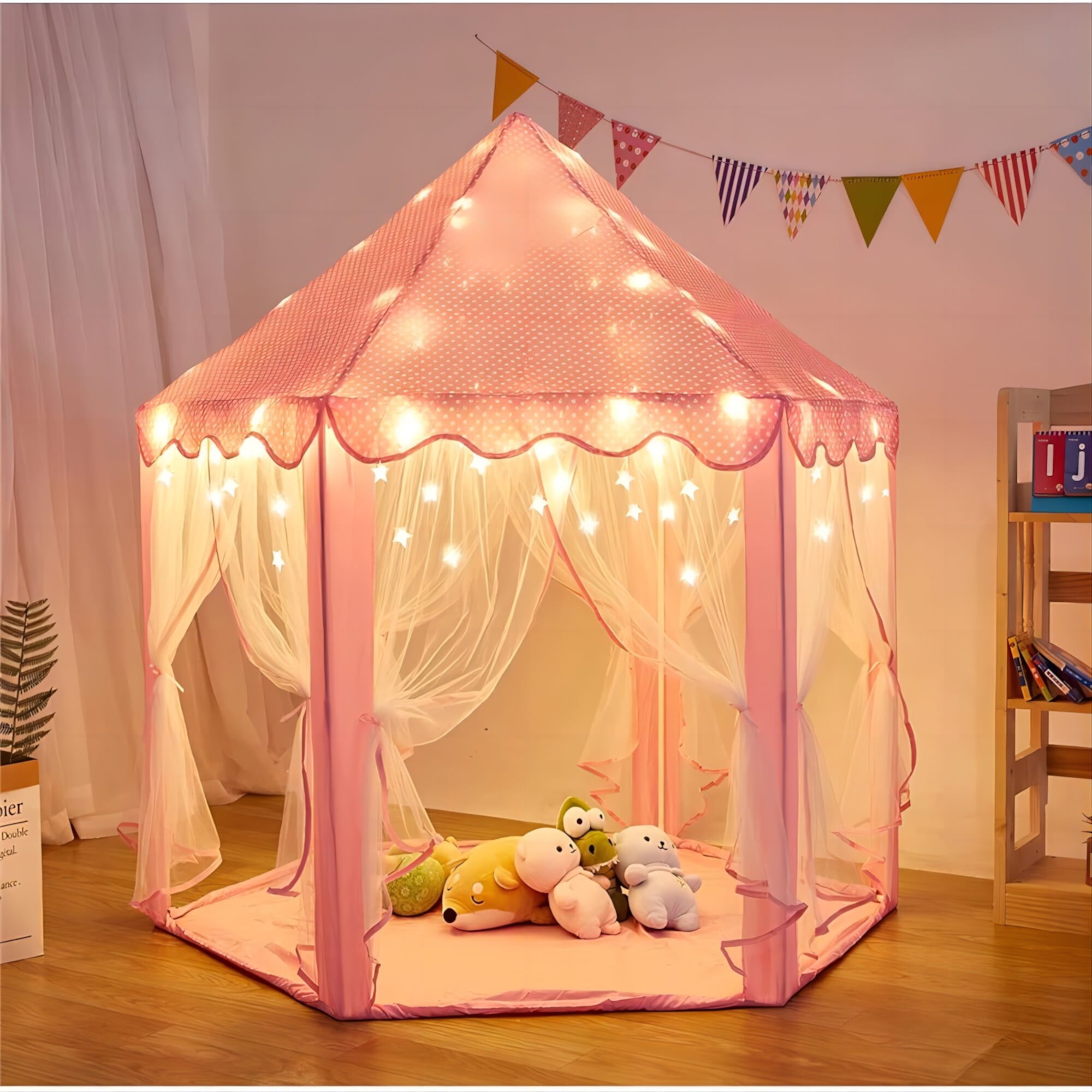 Princess Castle Play Tents with LED Star Lights,Large Size 55" x 53" Pink Hexagon Playhouses Kids Toys for Children Toddlers Indoor Outdoor Games KEYAHAPPY