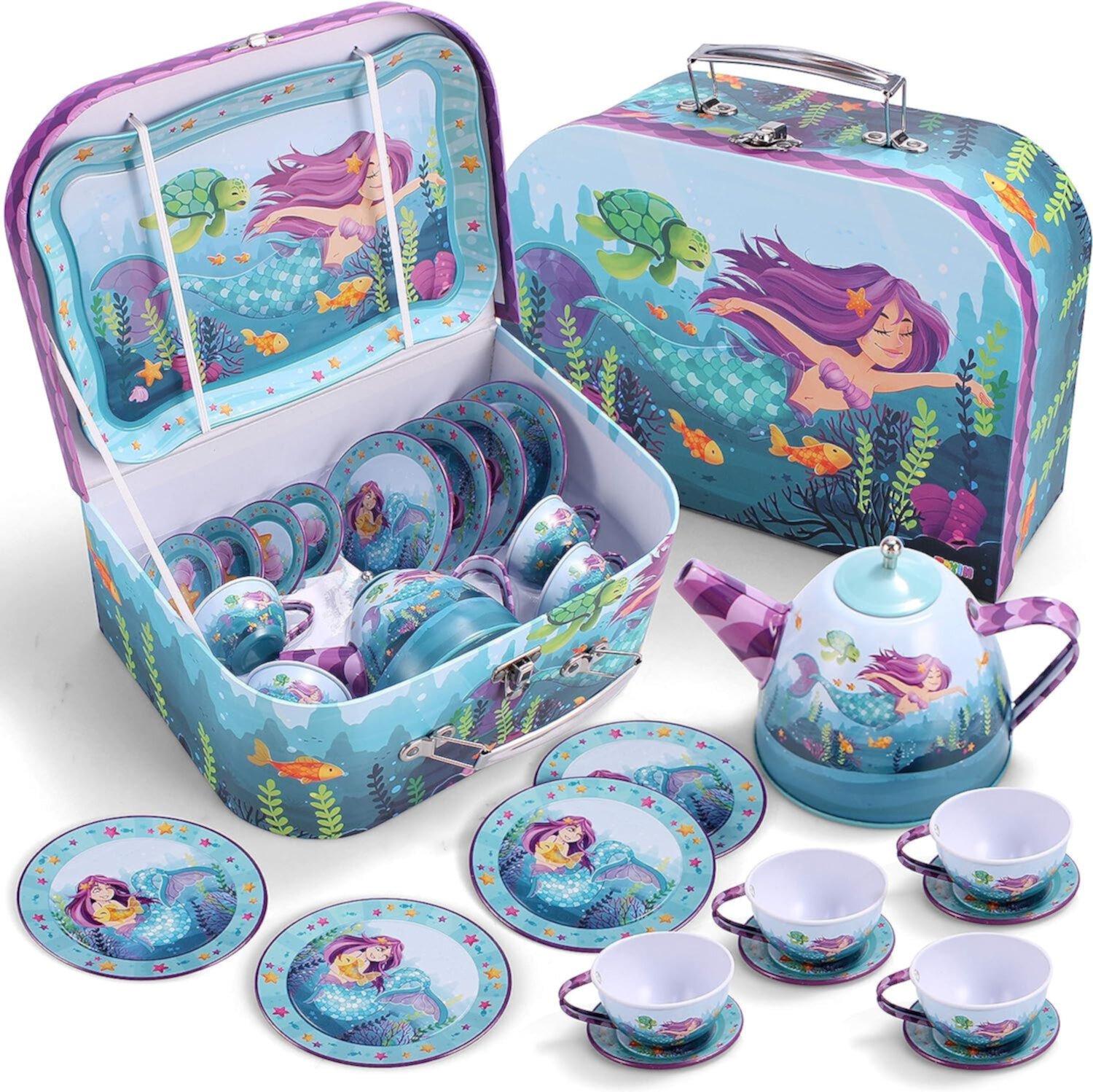 JOYIN 35 Pcs Kids Tea Sets, Cute Under The Sea Mermaid Pretend Tin Teapot Set for Kids Kitchen Pretend Play Toy Cookware Sets JOYIN