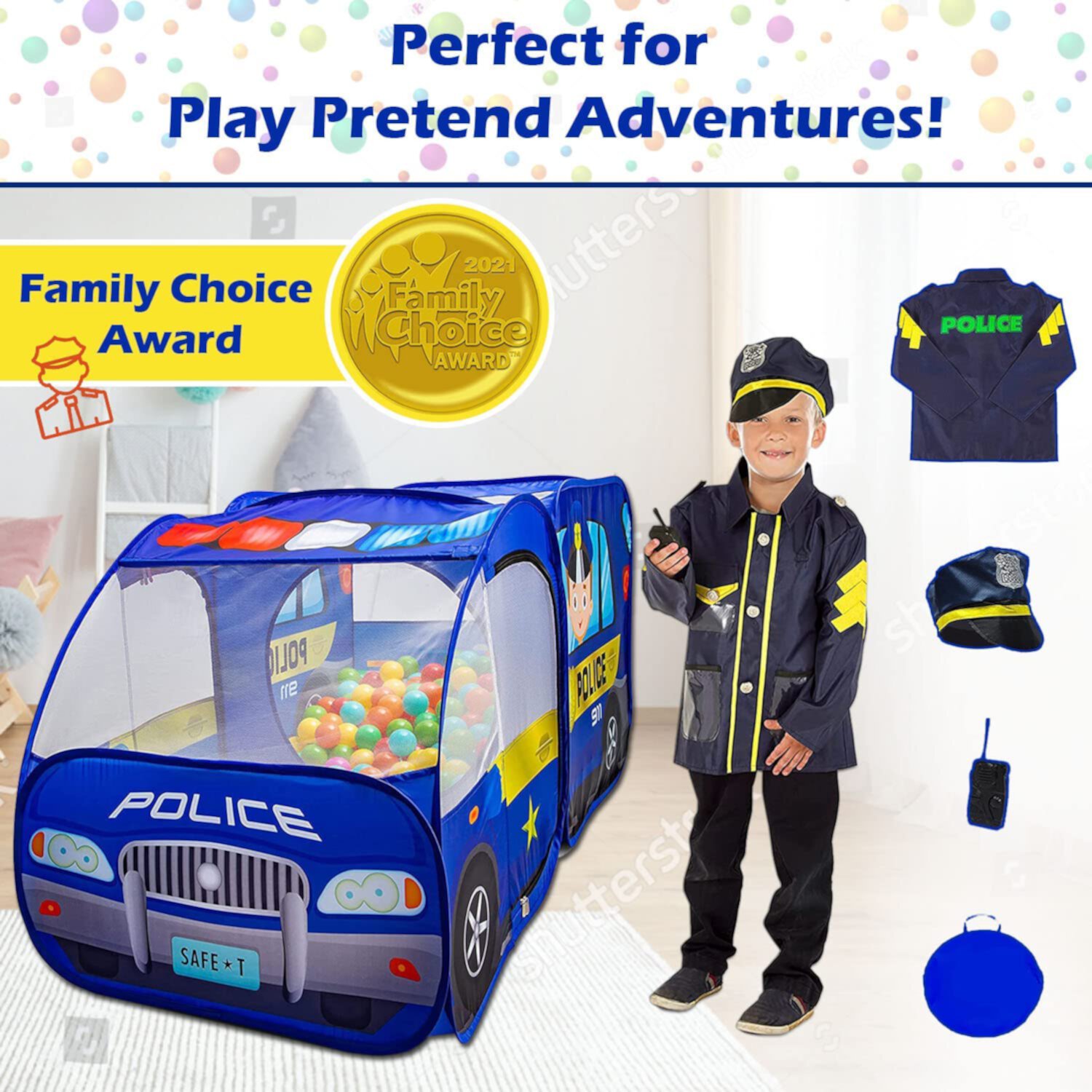 Police Car Toy Pop Up Play Tent with Policeman Officer Costume, Police Hat & Jacket with Radio for Kids, Baby, Toddlers, Boys, Girls Kiddzery