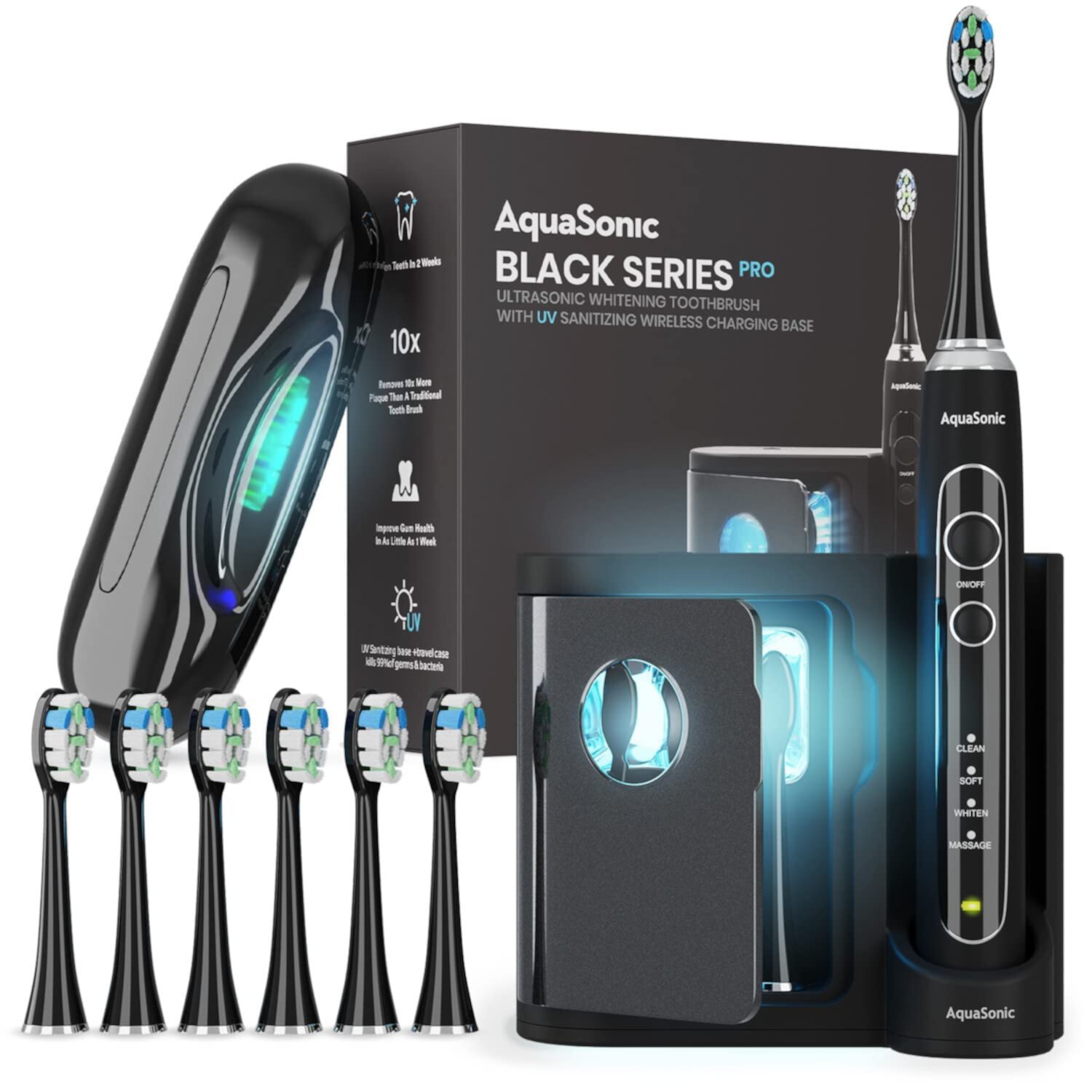 AquaSonic Black Series Pro Electric Toothbrush - UV Sanitizing, 4 Modes, Travel Case, 6 Heads AQUASONIC