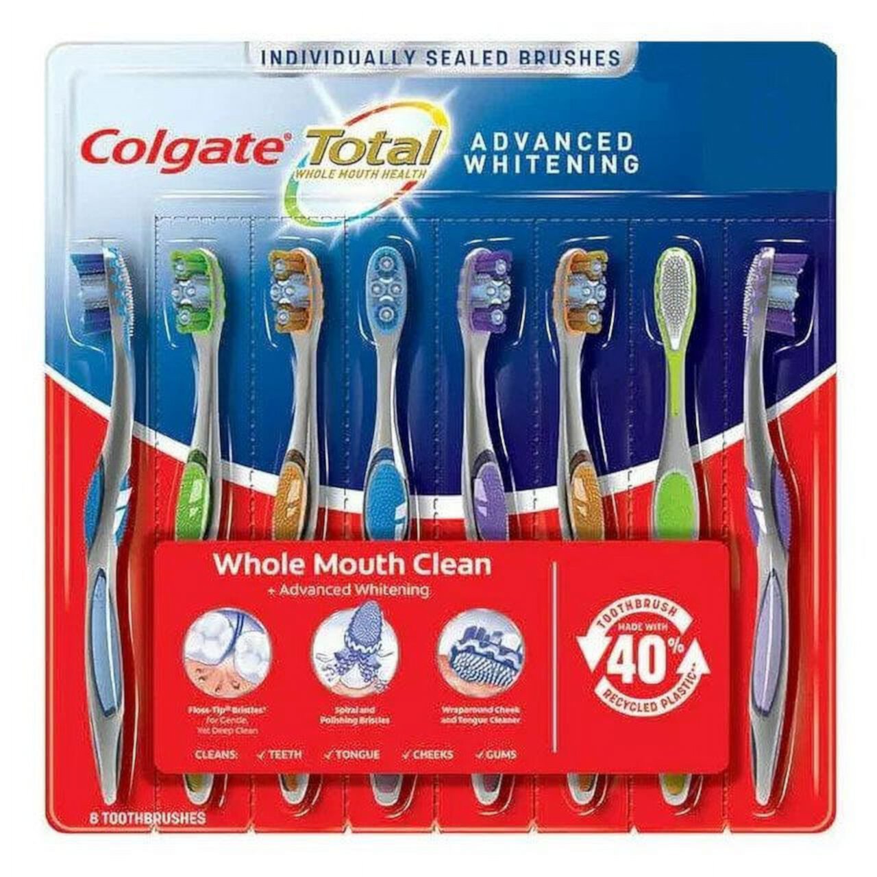 Colgate Total Whole Mouth Health, Medium Floss-Tip Bristles - 8 Toothbrushes Colgate