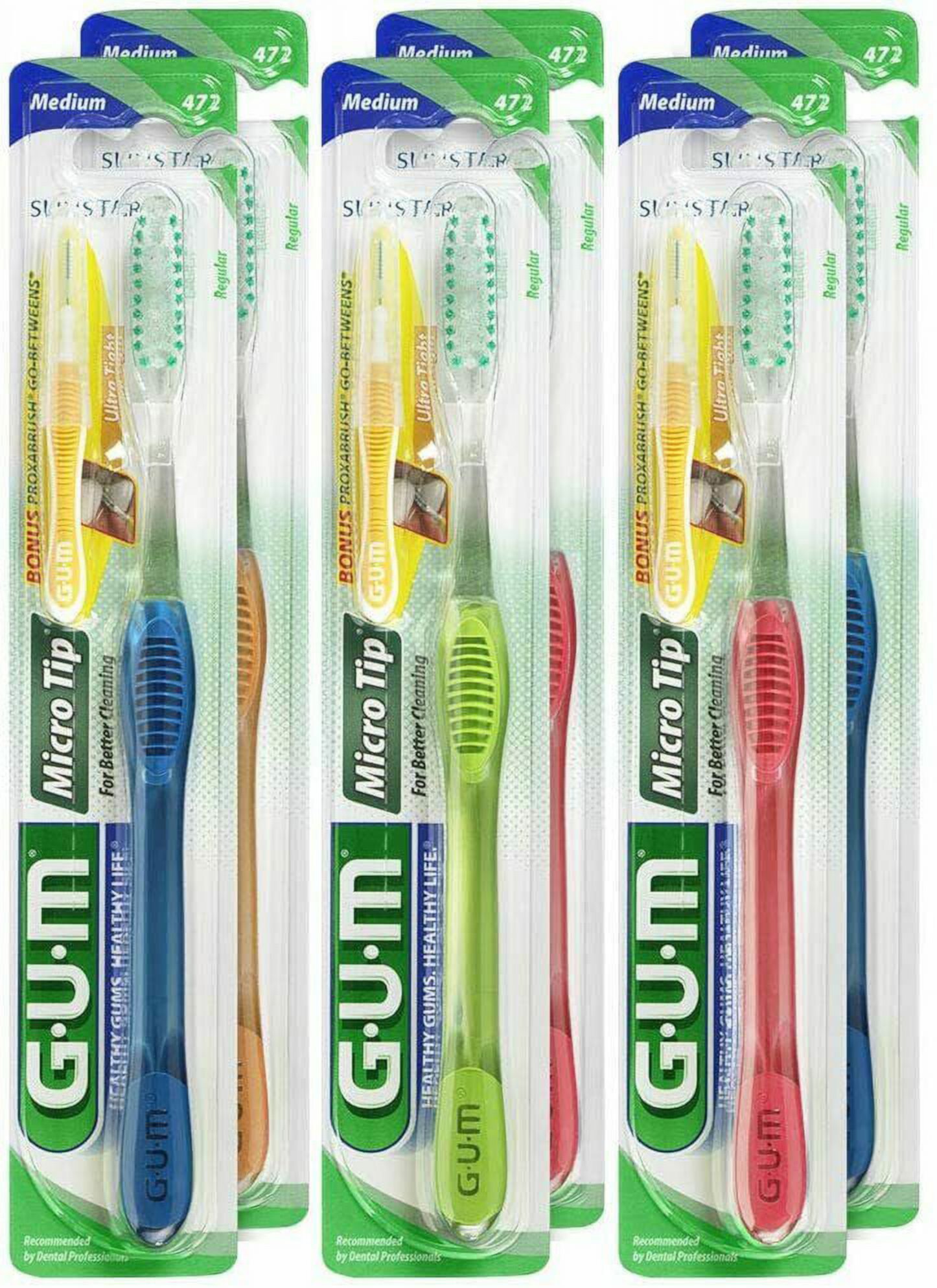 Gum Micro Tip Toothbrush, Medium Bristles, Colors May Vary (Pack of 6) GUM