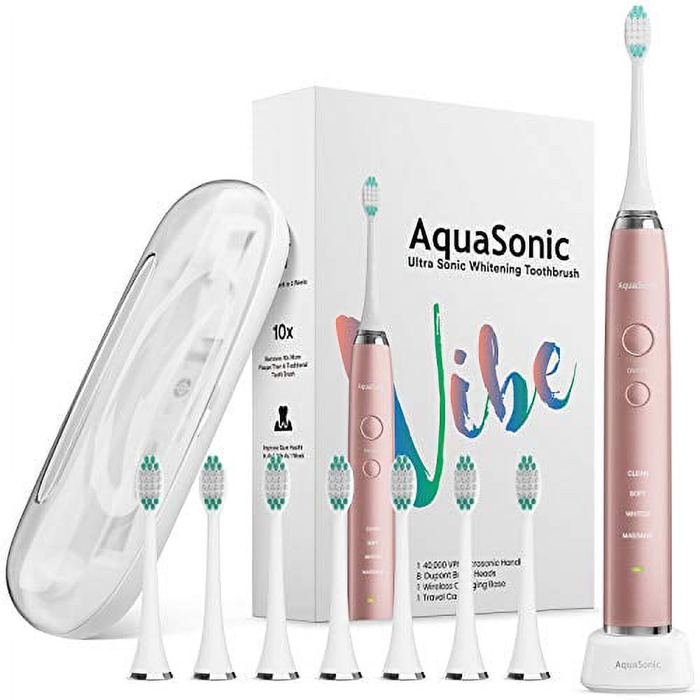 AquaSonic VIBE series Ultra Whitening Electric Toothbrush - 8 DuPont Brush Heads & Travel Case Included - Sonic 40,000 VPM Motor & Wireless Charging - 4 Modes w Smart Timer - Satin Rose Gold AQUASONIC