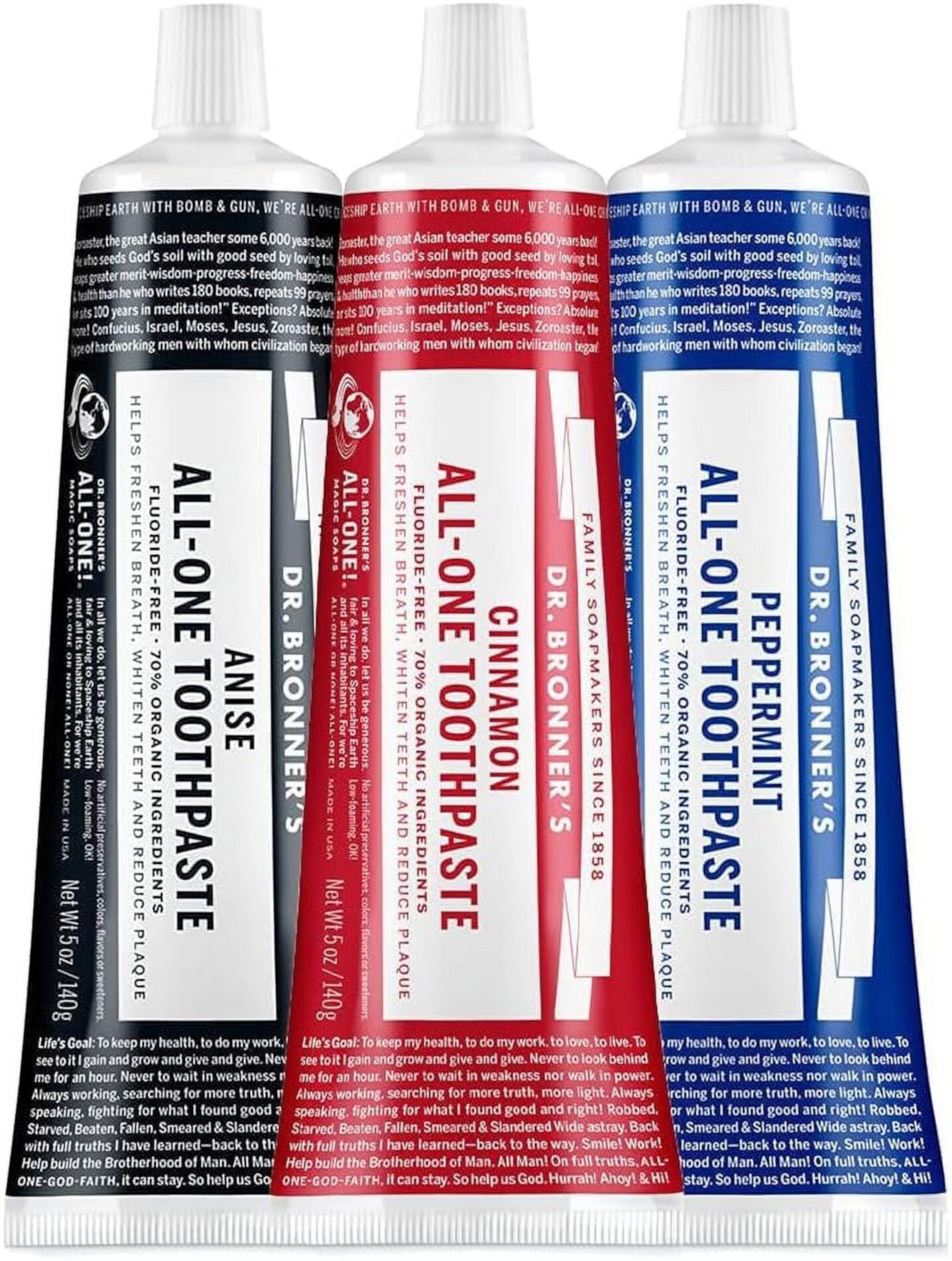 Dr. Bronner s - All-One Toothpaste (3-Pack Variety) 5 Ounce Peppermint, Cinnamon, Anise - 70% Organic Ingredients, Natural and Effective, Fluoride-Free, SLS-Free, Helps Freshen Breath, Reduce Plaque Peppermint 5 Ounce (Pack of 3) Dr. Bronner's