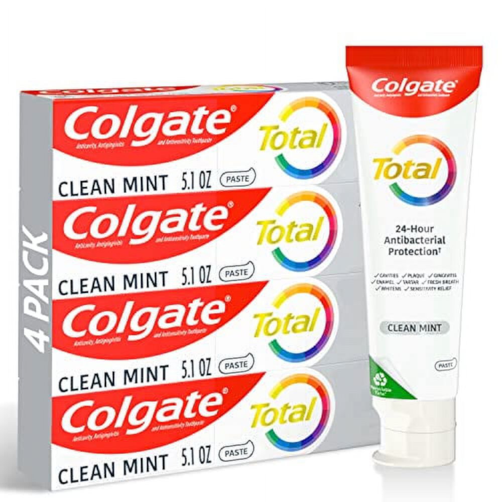 Colgate Total Clean Mint Toothpaste, 10 Benefits, No Trade-Offs, Freshens Breath, Whitens Teeth and Provides Sensitivity Relief, Clean Mint Flavor, 4 Pack, 5.1 Oz Tubes Colgate