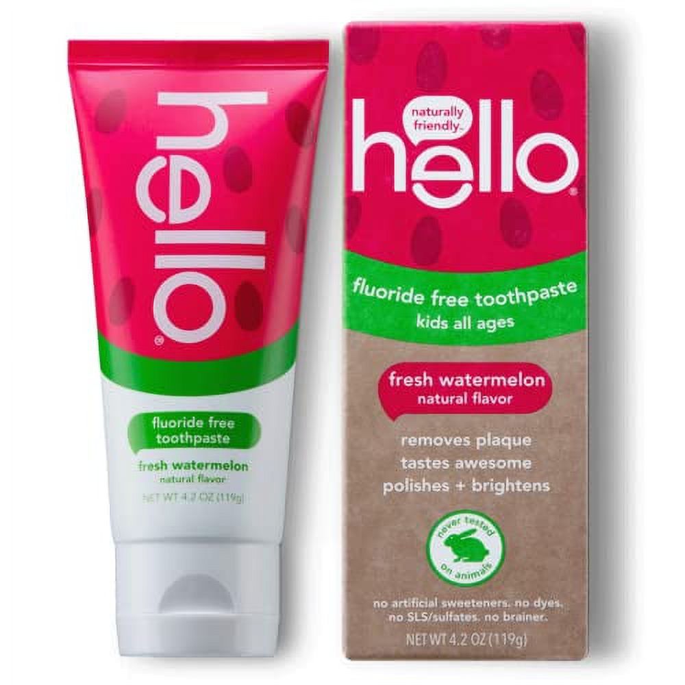 Hello Natural Watermelon Flavor Kids Fluoride Free Toothpaste, Vegan, SLS Free, Gluten Free, Safe to Swallow for Baby and Toddlers, 4.2 Ounce Hello