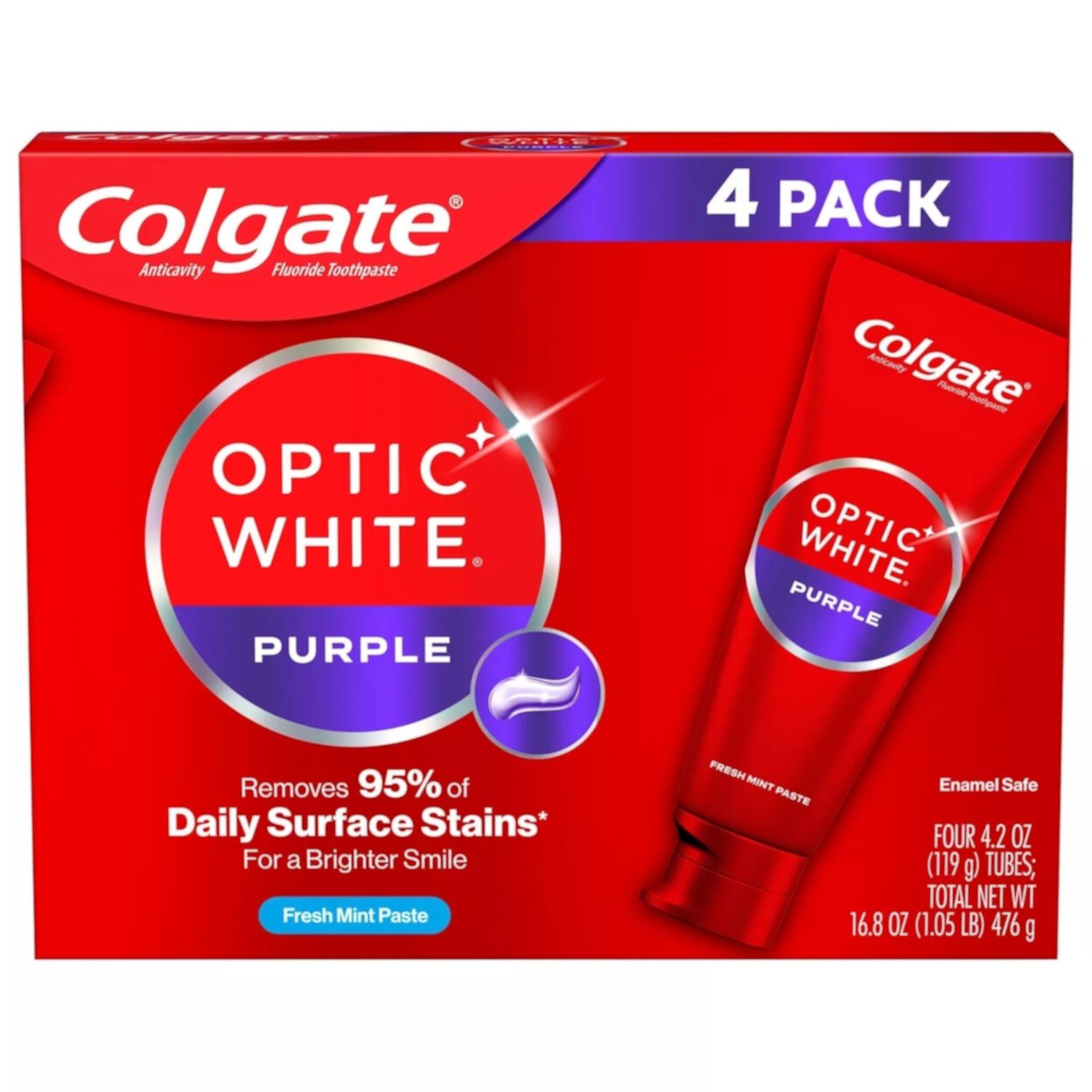 Colgate Optic White Purple Whitening Toothpaste 4.2 Ounce (Pack of 4) Colgate