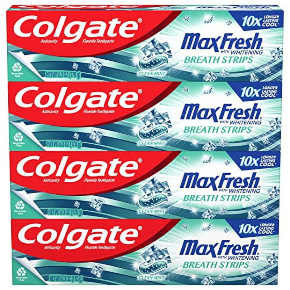 Colgate Max Fresh Whitening Toothpaste with Mini Strips, Clean Mint Toothpaste for Bad Breath, Helps Fight Cavities, Whitens Teeth, and Freshens Breath, 6.3 Ounce (Pack of 4) Colgate