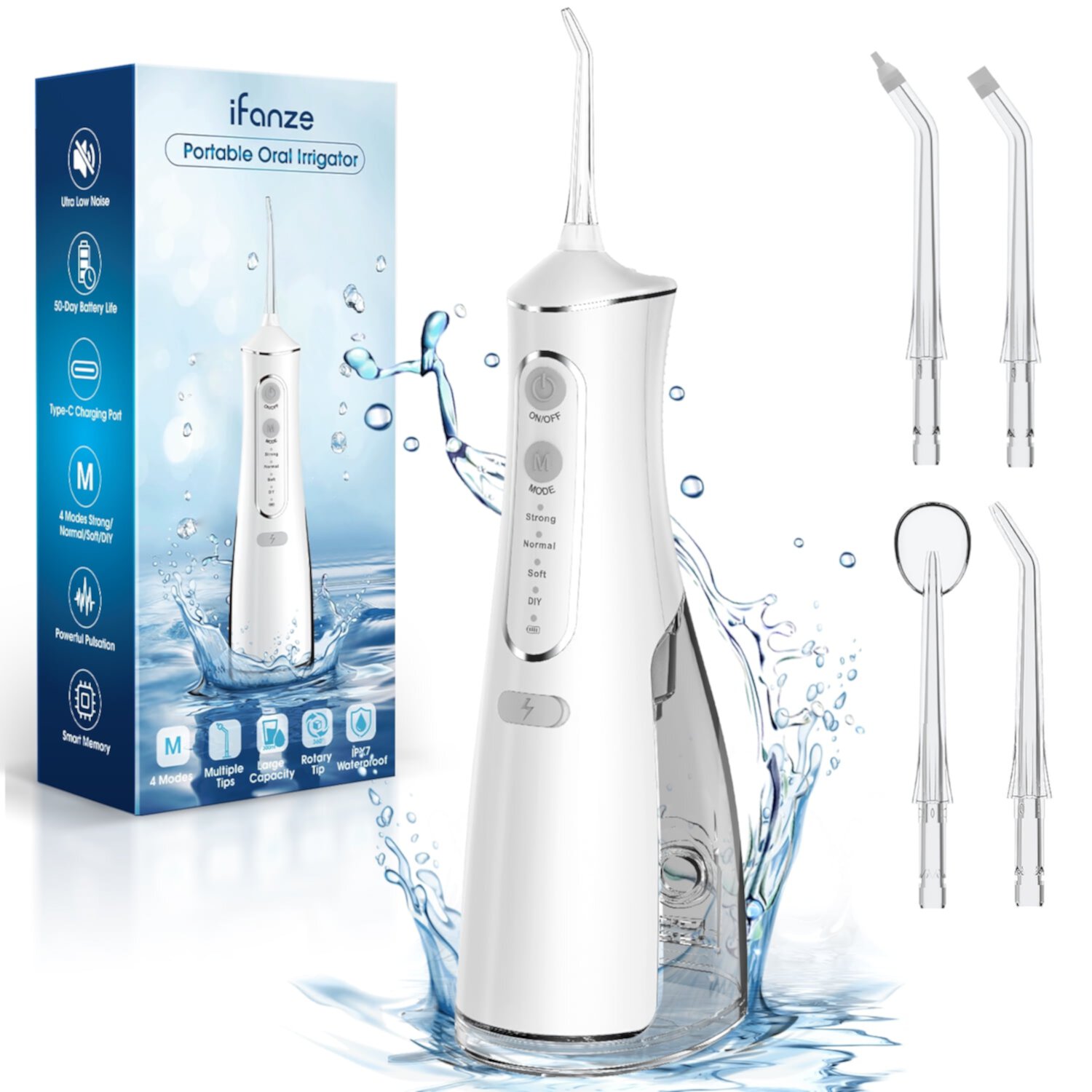 Posrue Cordless Water Flosser, Rechargeable Oral Irrigator with 300ml Water Tank, 4 Cleaning Modes & 4 Tips, Portable Dental Water Flosser for Travel Home Office, White Posrue