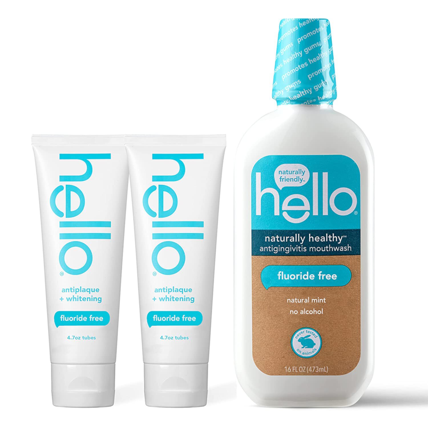 Hello Antiplaque and Whitening Fluoride Free Toothpaste and Naturally Healthy Antigingivitis Mouthwash, Alcohol Free, Vegan, SLS Free and Gluten Free, 4.7 Ounce Tubes, 16 Ounce Bottle Hello