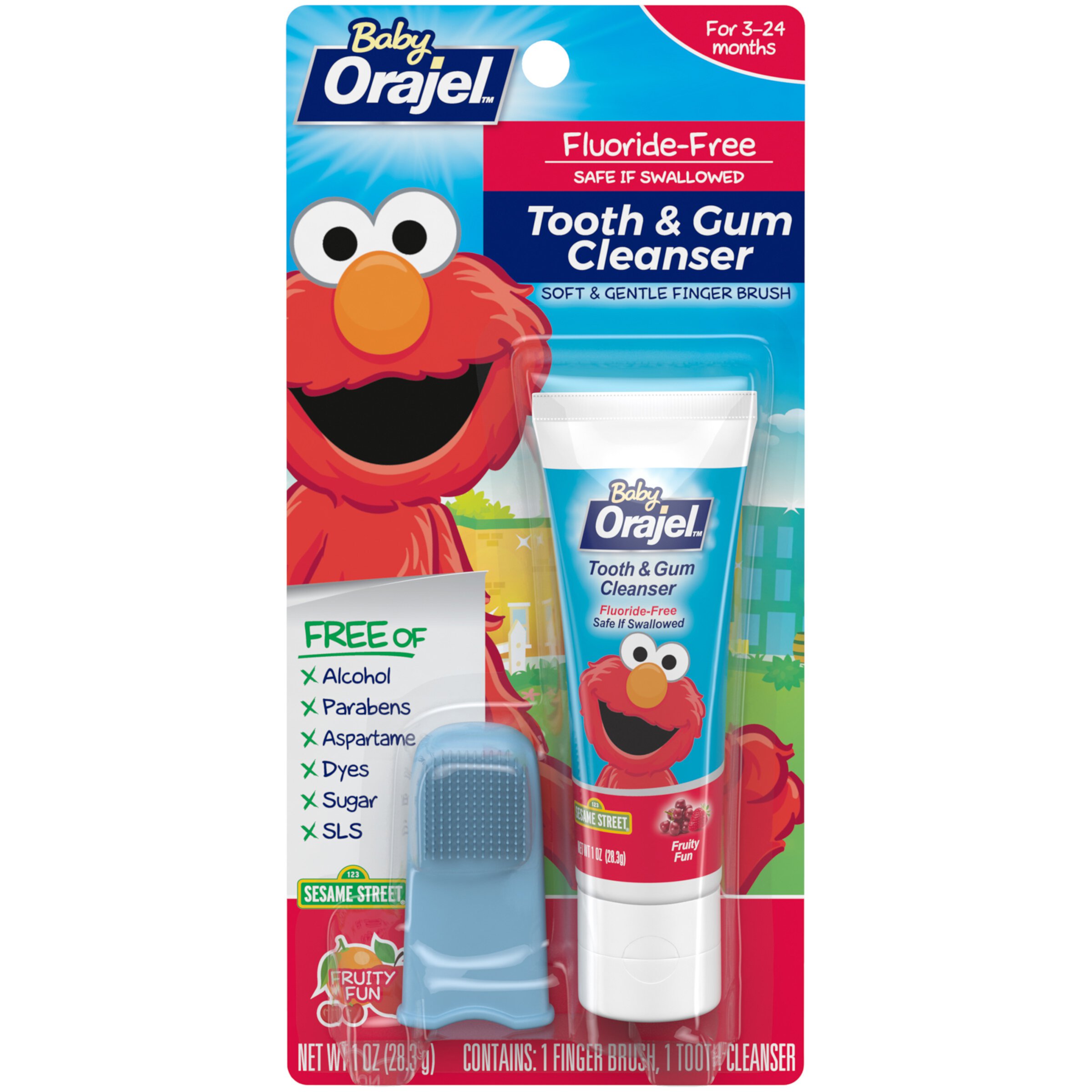 Orajel Elmo Fluoride-Free Tooth & Gum Cleanser with Finger Brush, Combo Pack, Fruity Fun Flavored Non-Fluoride, 1.0 oz. Orajel