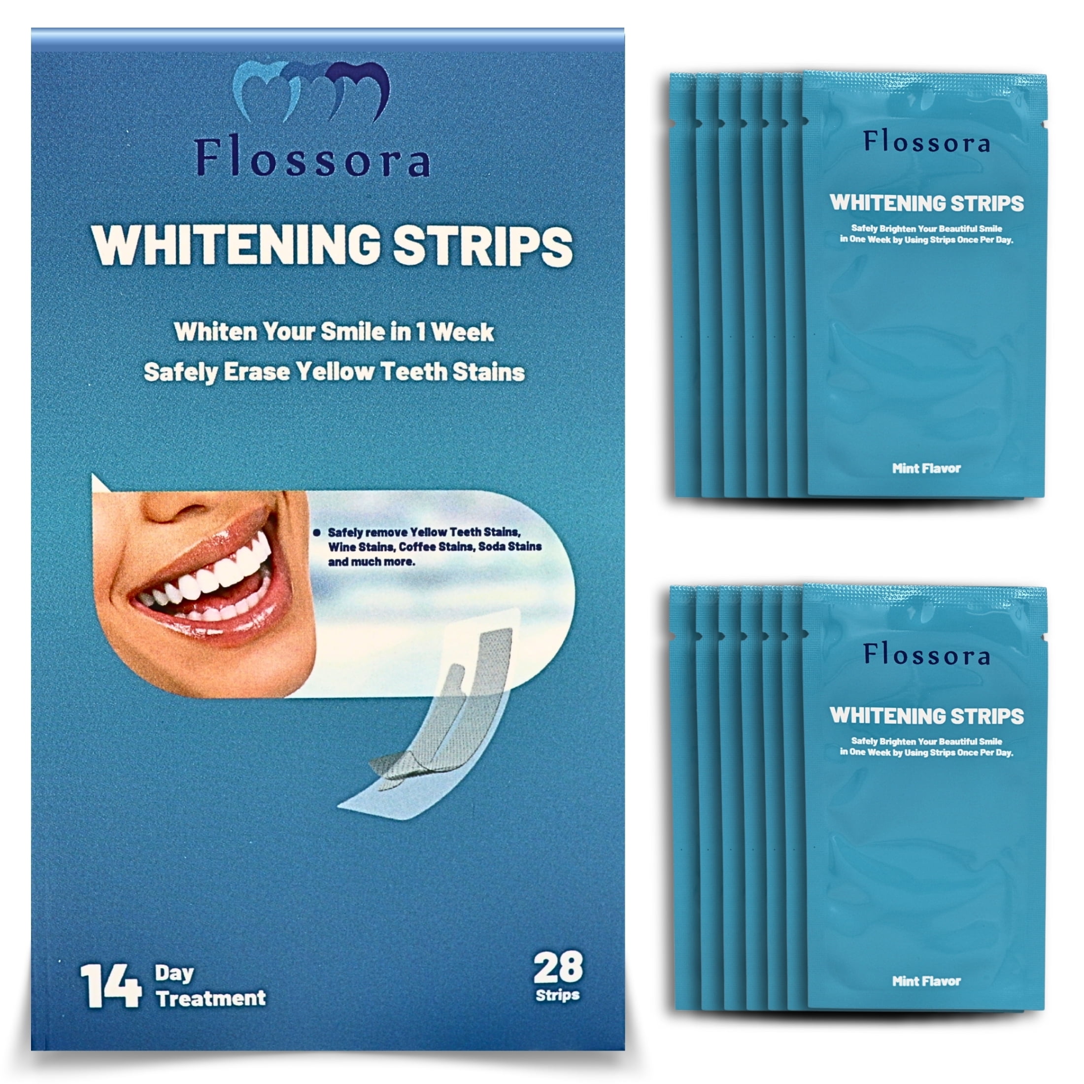 Flossora Teeth Whitening Strips Kit | Safely & Quickly Remove Stubborn Stains, 14 Day Treatment Flossora