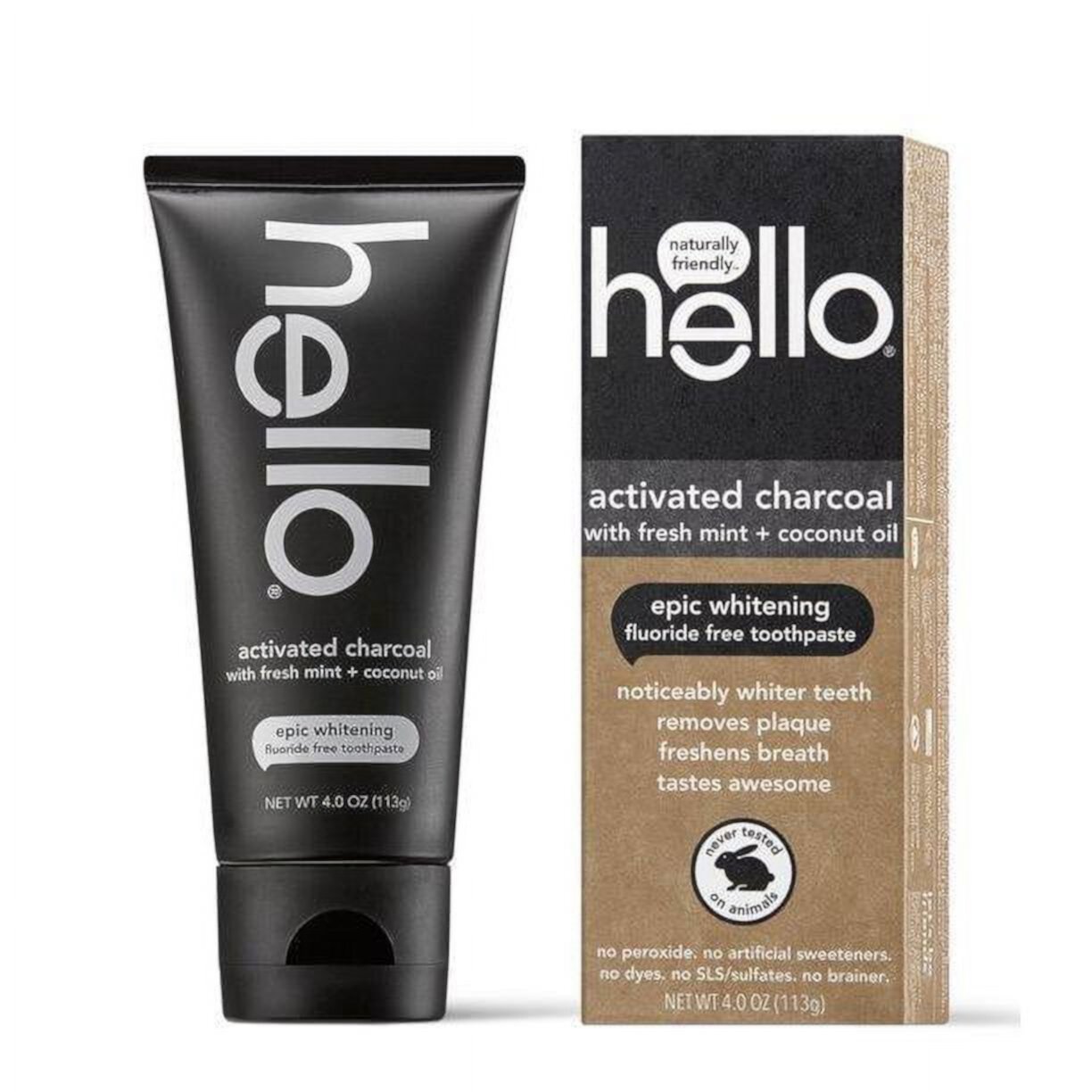 Hello Epic Whitening Fluoride Free Toothpaste - Activated Charcoal w Fresh Mint & Coconut Oil 4.0 oz Hello