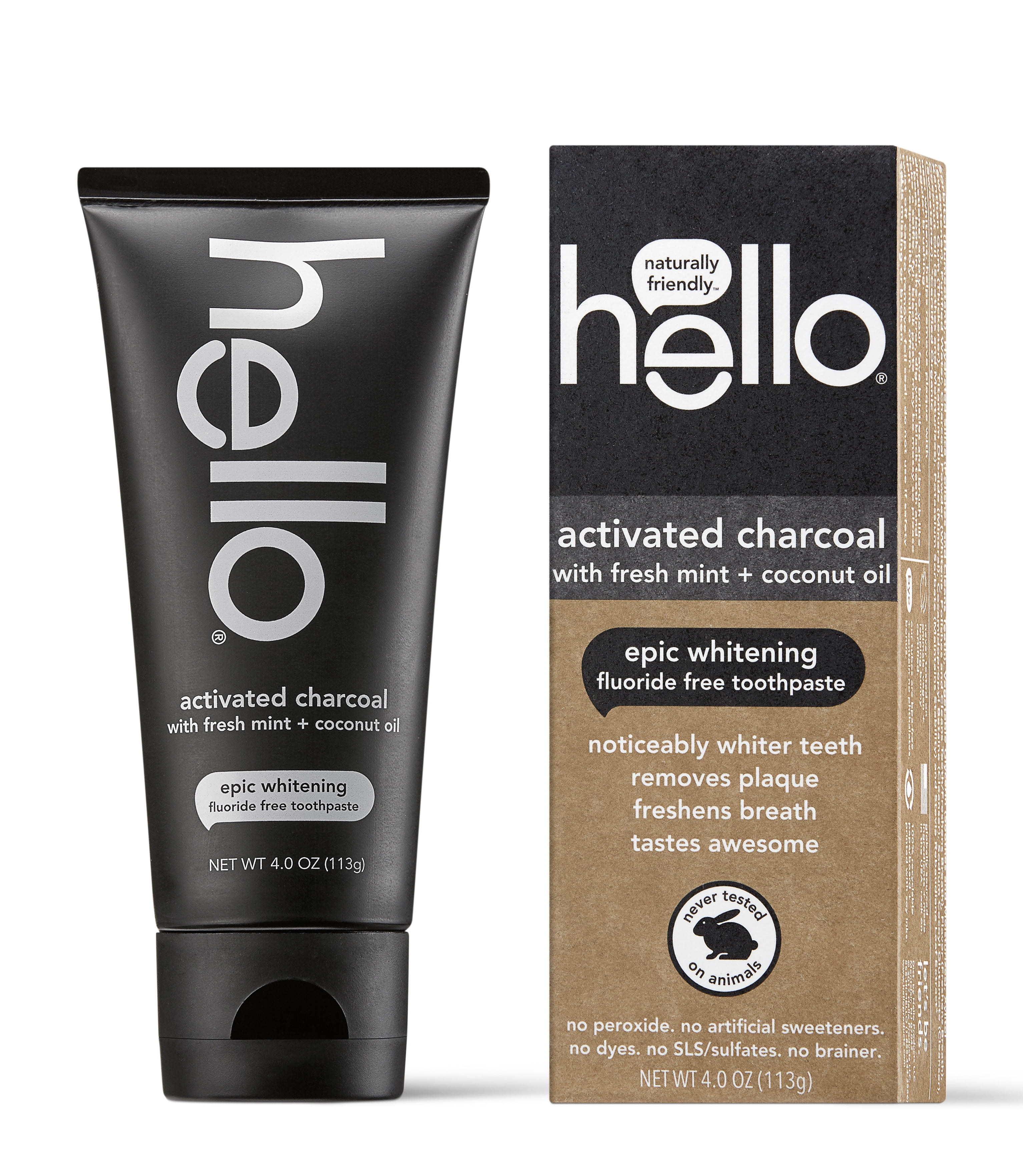 Hello Activated Charcoal Epic Whitening Fluoride Free Toothpaste, Fresh Mint + Coconut Oil, Vegan & SLS Free -2 Pack Hello