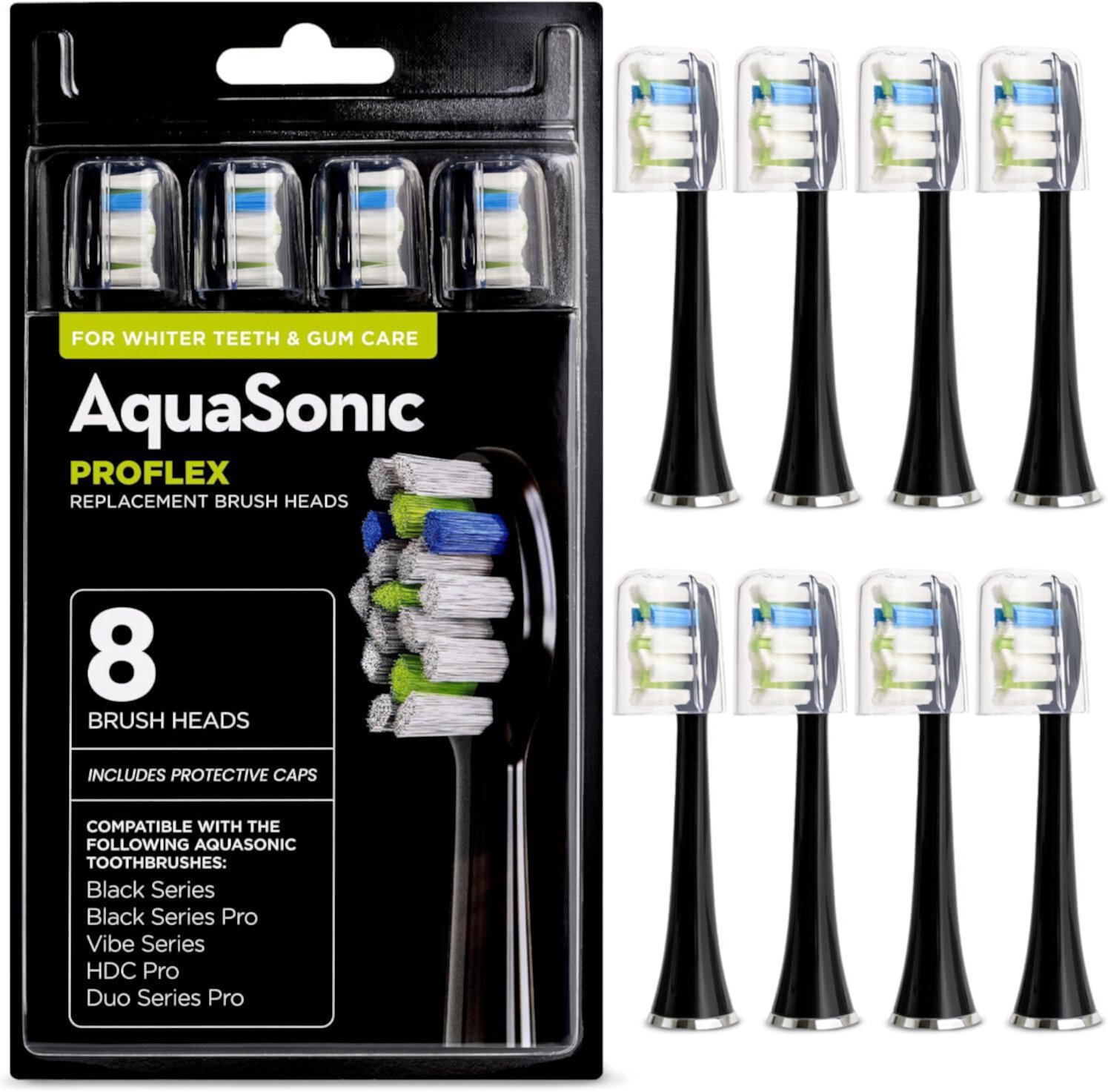 AquaSonic Toothbrush Replacement Heads Dupont Engineered ProFlex Bristles, Black 8-Pack AQUASONIC