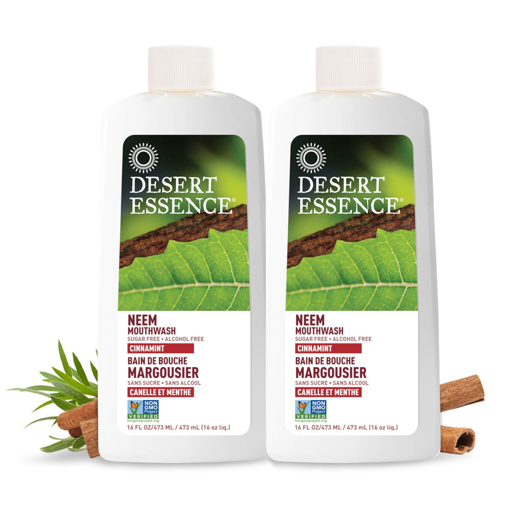 Desert Essence Natural Neem Mouthwash - Cinnamint Flavor - 16 Fl Ounce - Pack of 2 - Reduce Plaque Buildup - Tea Tree Oil - Neem Leaf Extract - Peppermint - Complete Oral Care - Refreshes Breath C52 Desert Essence