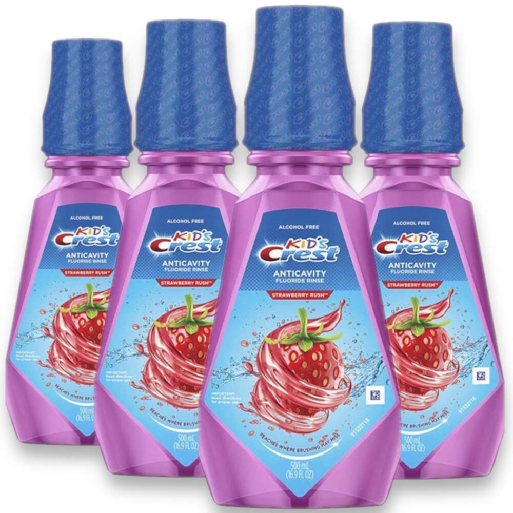 Crest Kid,S Anti Cavity Fluoride Mouthwash, Alcohol Free, Strawberry Rush, 500 Ml (16.9 Fl Oz), Pack Of 4 Crest