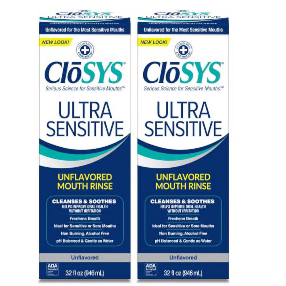 CloSYS Ultra Sensitive Mouthwash, 32 Ounce (Pack of 2), Unflavored (Optional Flavor Dropper Included), Alcohol Free, Dye Free, pH Balanced, Helps Soothe Entire Mouth CloSYS