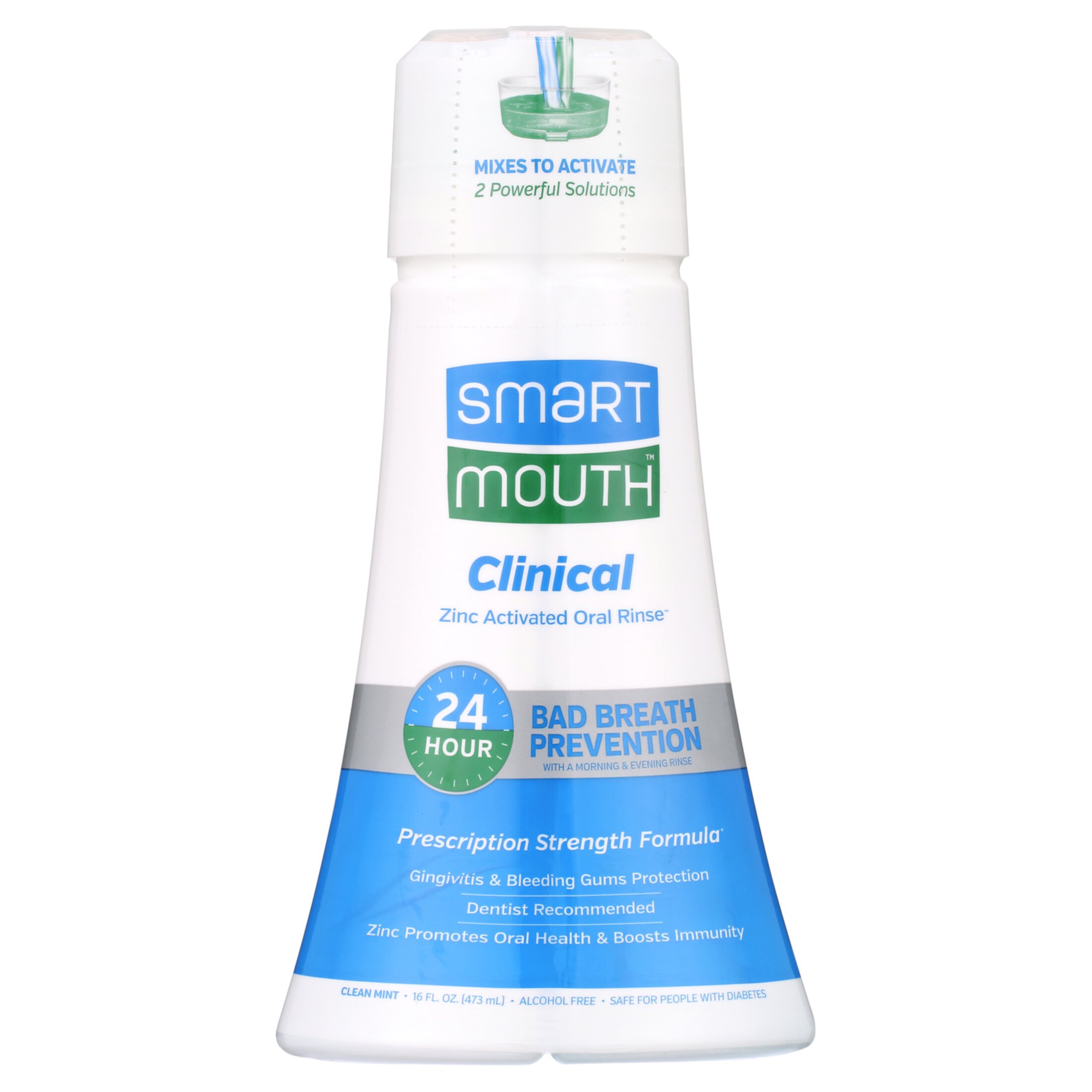 SmartMouth Zinc Activated Oral Breath Rinse Mouthwash Clinical DDS, Clean Mint, 16 fl oz, Adult SmartMouth