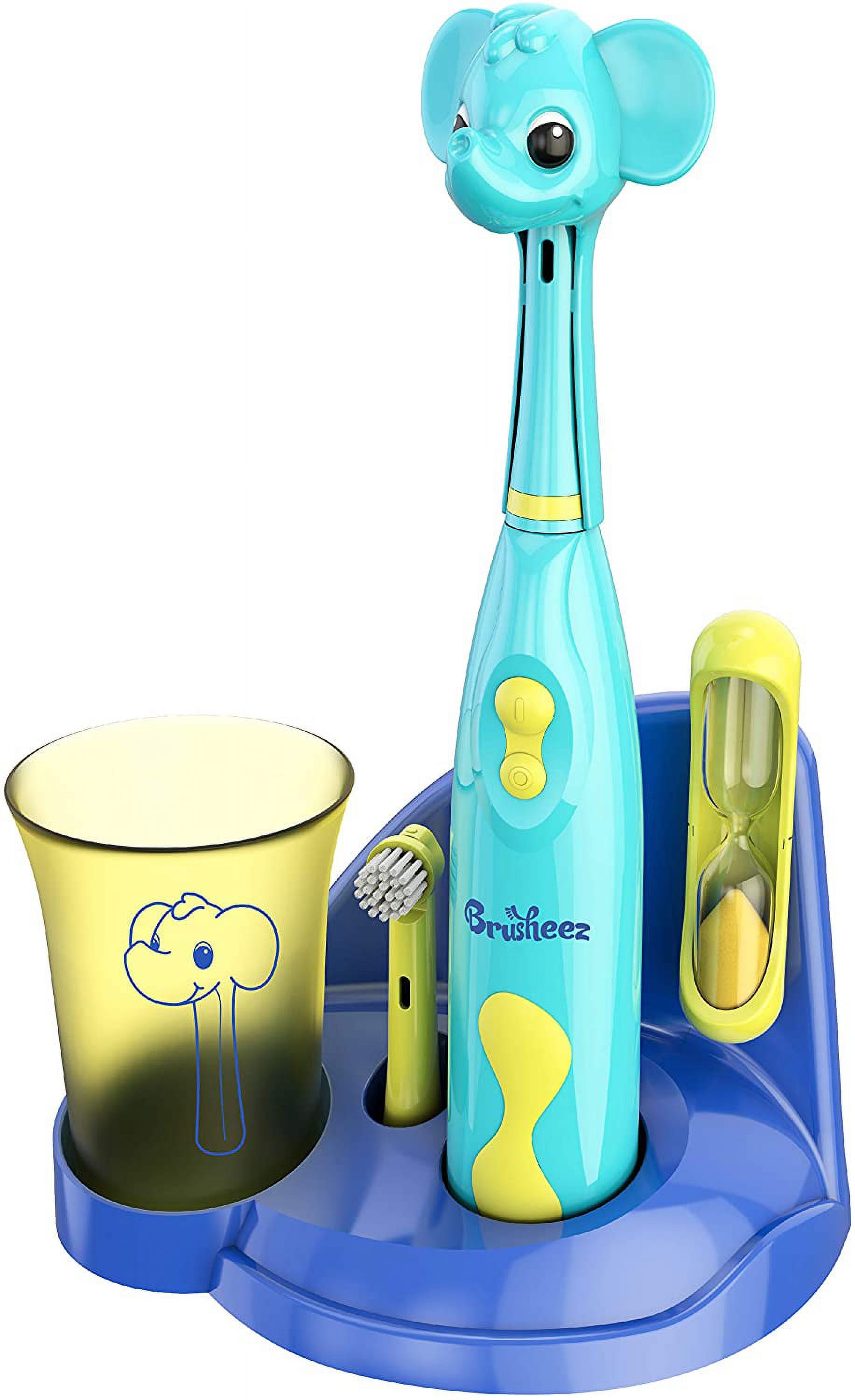 Brusheez Kids Electric Toothbrush Set (Safari Edition) - Battery Operated, Soft Bristles, Easy On/Off, 2 Brush Heads, Animal Cover, Sand Timer, Rinse Cup, and Base - Ages 3+ (Ollie The Elephant) Brusheez