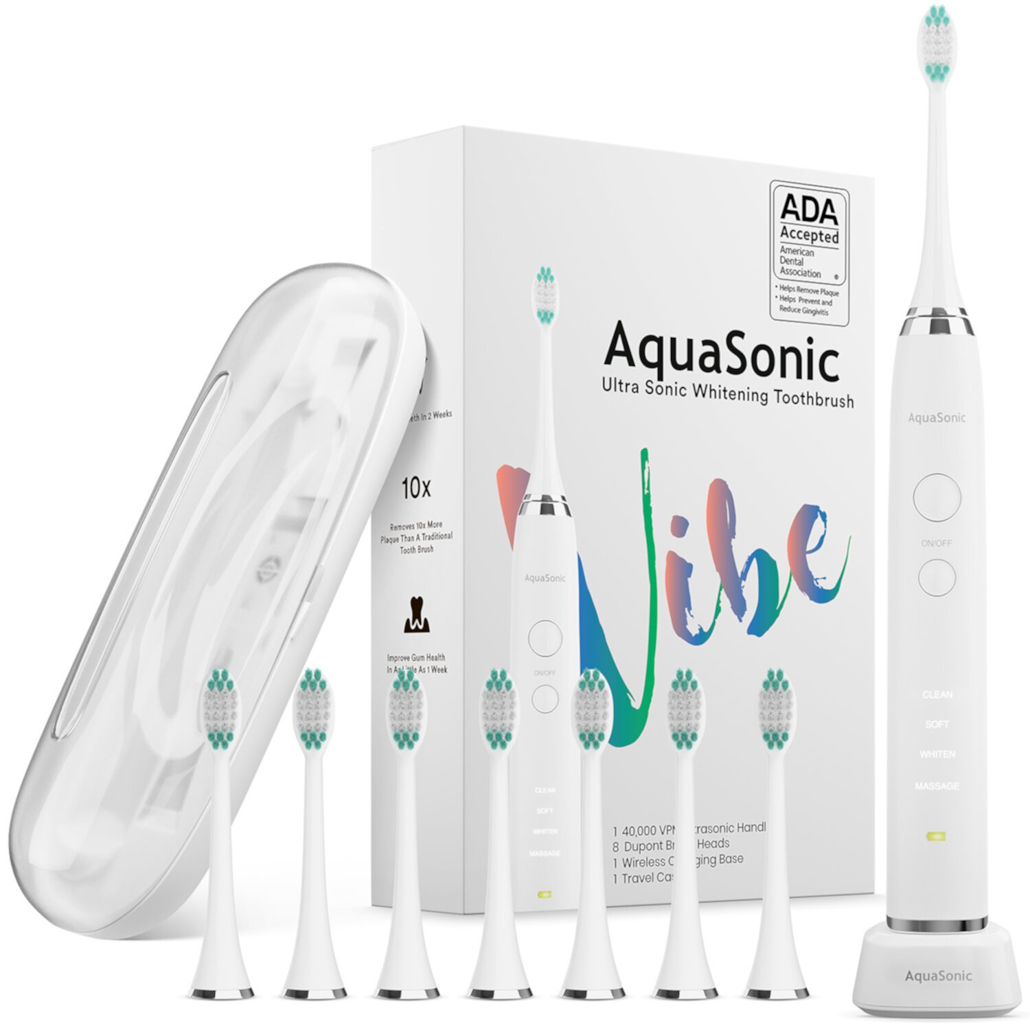 Aquasonic Vibe Series - ADA Accepted - Ultra Whitening Electric Toothbrush - 8 dupont brush heads & travel case AQUASONIC