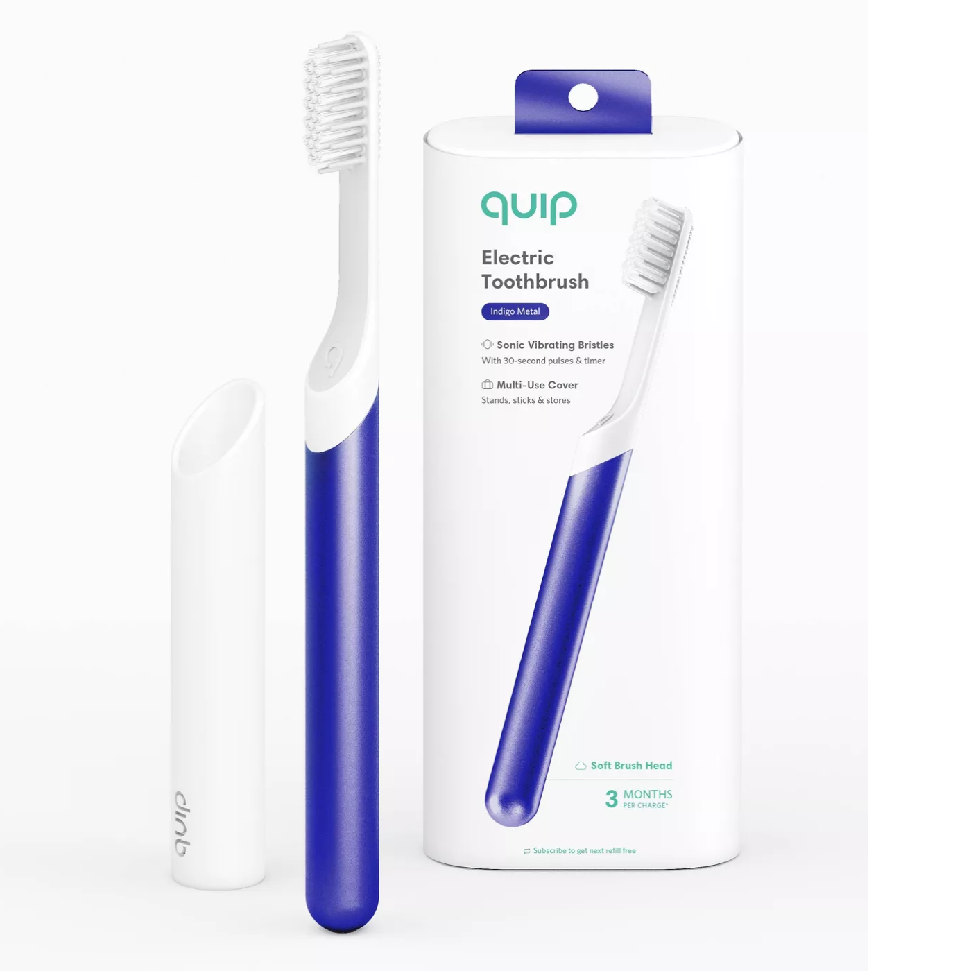 quip Plastic Electric Toothbrush Starter Kit 2 Minute Timer +Travel Case, Indigo Quip