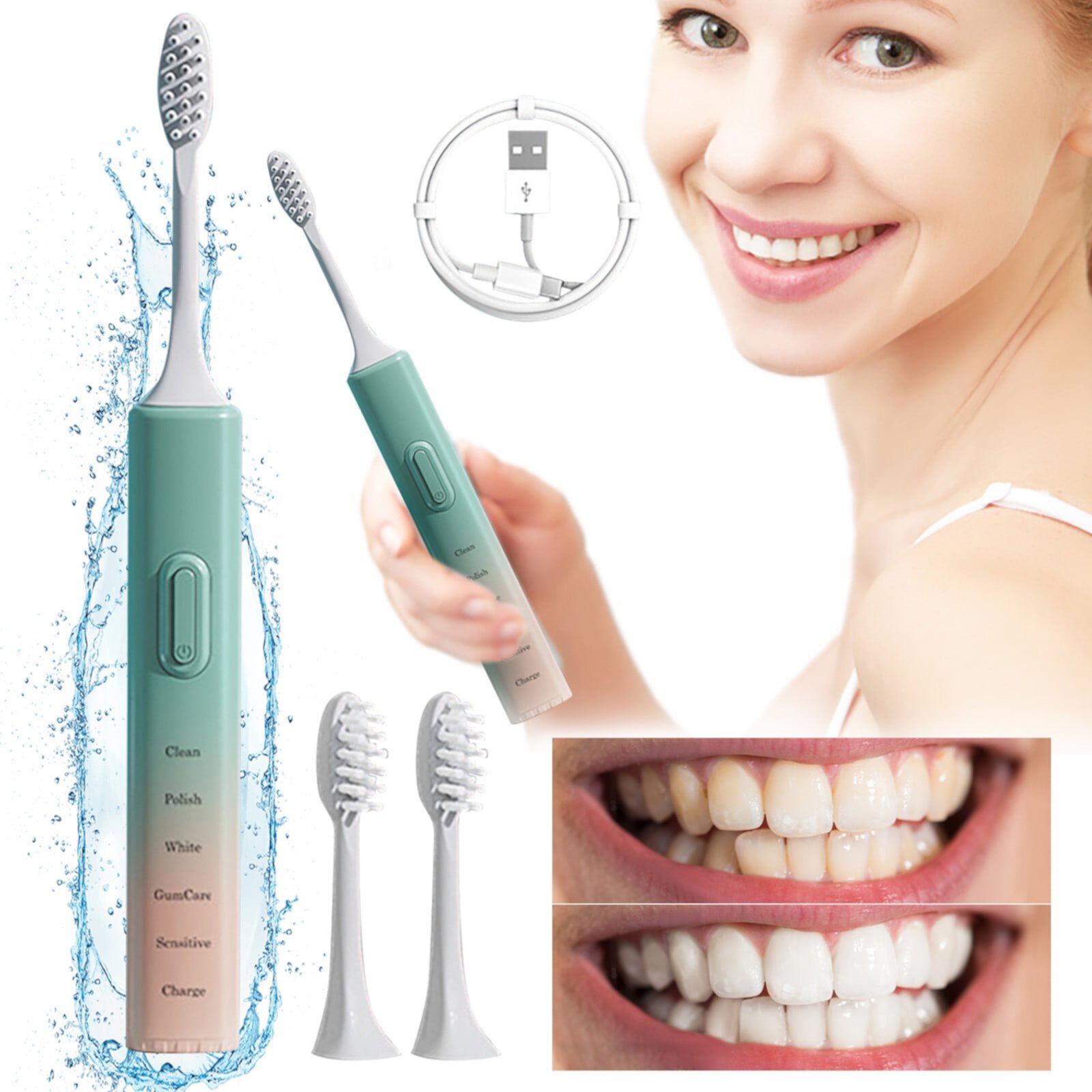 WOXINDA Electric Toothbrush Potable Loss Charging Wire With 3 Brush Heads Cleaning 5Modes Deep Clean Fresh Breath Healthier Smile WOXINDA