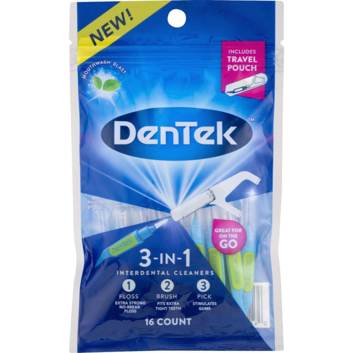 Dentek 3 In 1 Interdental Cleaner | Floss, Brush, and Pick | 16 Count with Travel Pouch DenTek