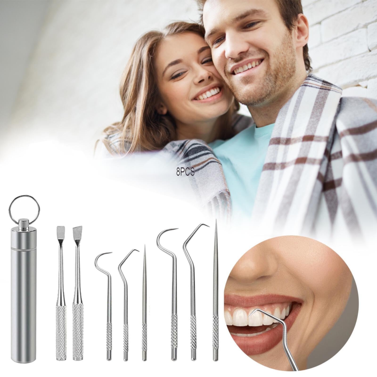 Pkeoh 304 Metal Tooth Picking Tool Stainless Steel Toothpick Portable Oral Tooth Cleaning Tool Set Pkeoh