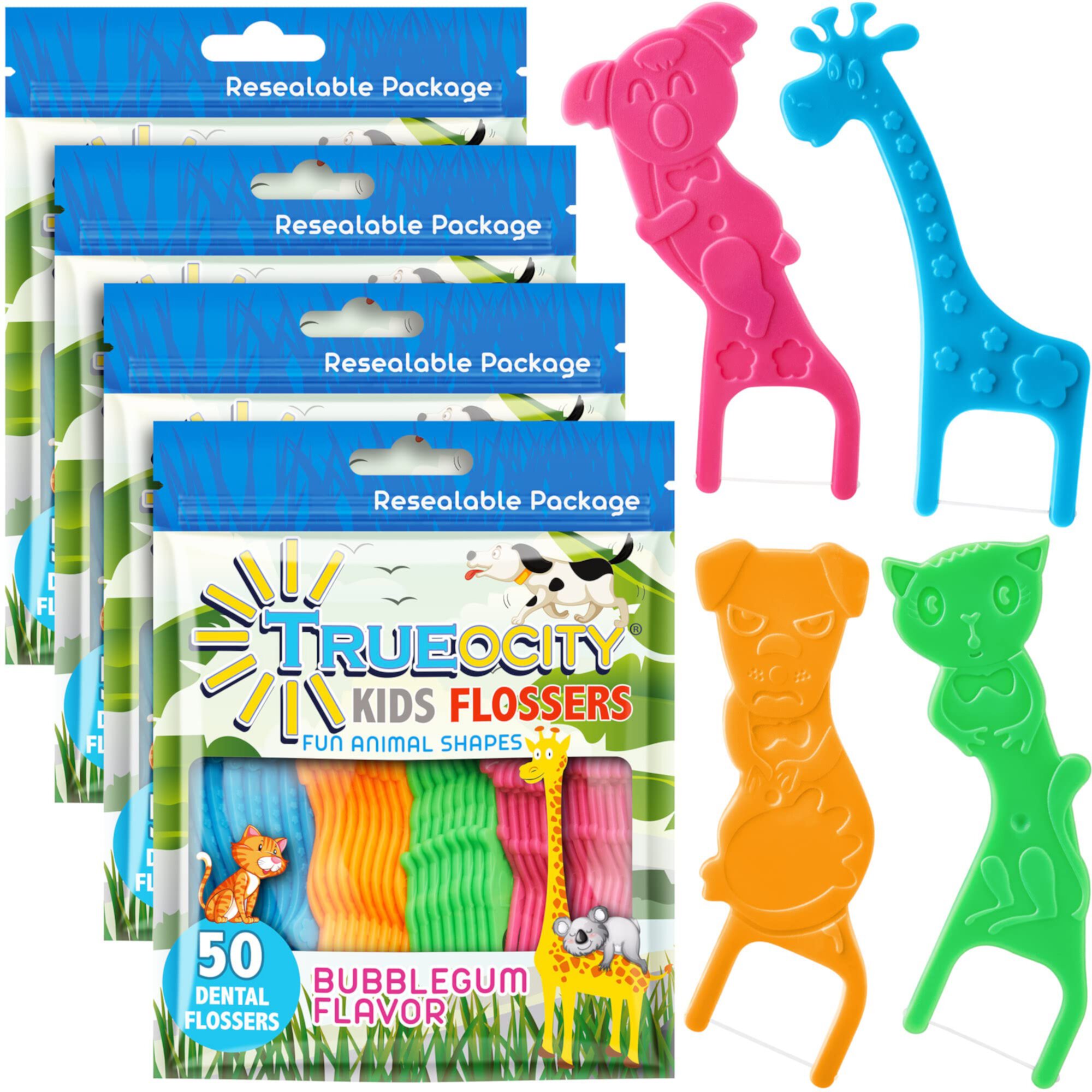 Kids 4 Pack STF9&nbsp;(200 Total), Kids Floss Kids, Floss for Kids, Cute Animal Shapes, Glides Easy Between Teeth, Flosser Helps Prevent Tooth Decay & Gum Disease, Bubble Gum Flavored Trueocity