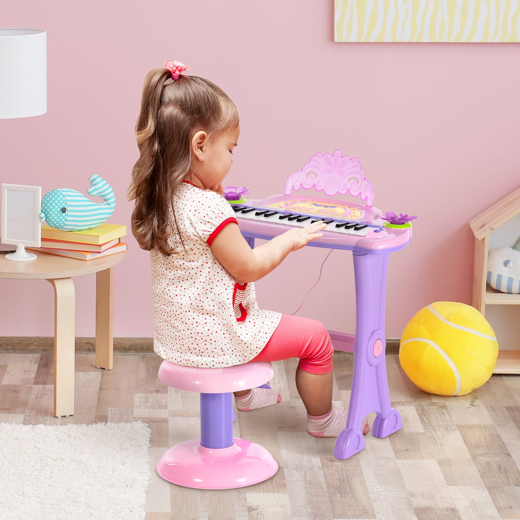 Qaba Kids Toy Keyboard Piano Toddler Electronic Instrument with Stool, Microphone and Bright Flashlight for Children Birth Gift, Pink Qaba