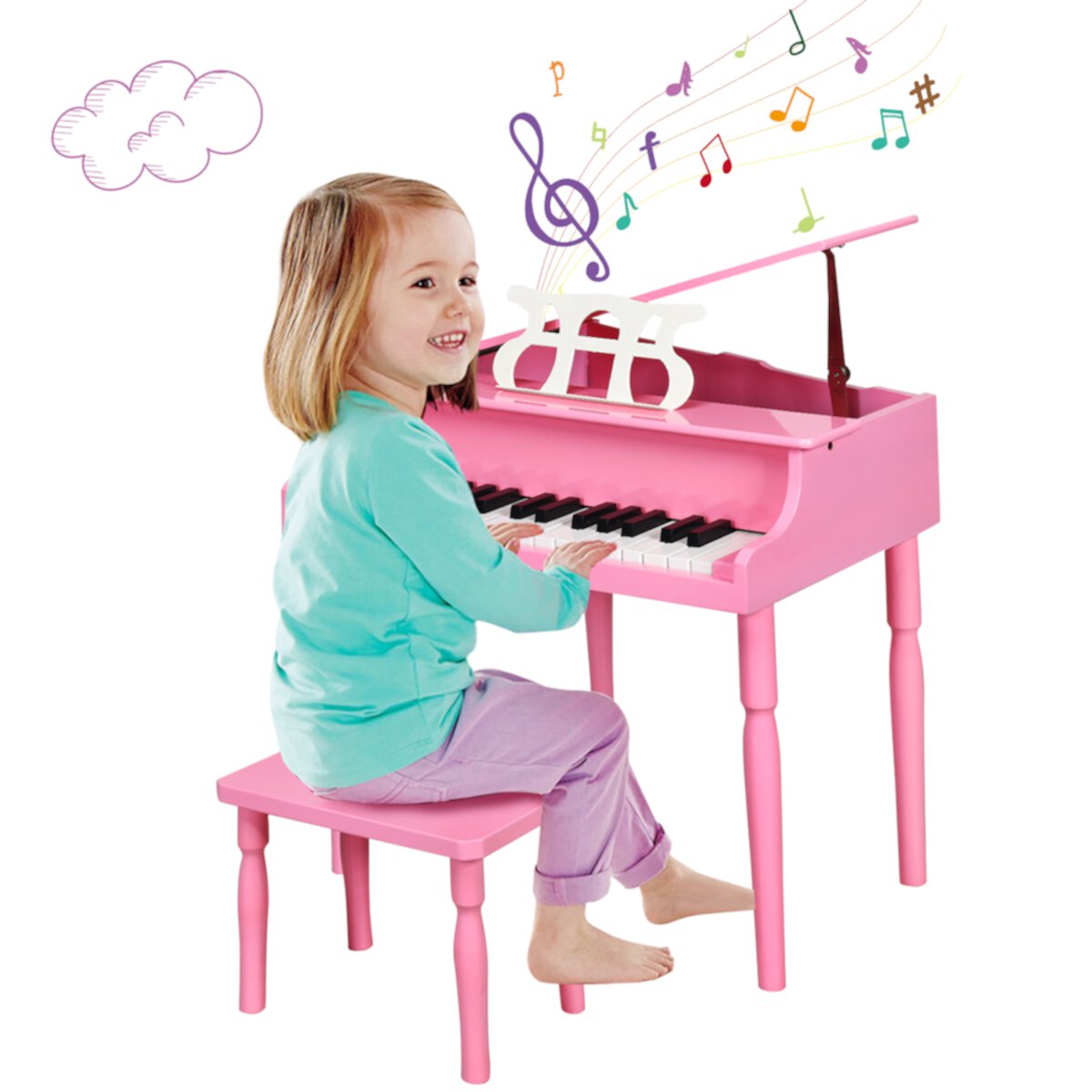 Infans 30-Key Classic Baby Grand Piano Toddler Toy Wood w/ Bench & Music Rack Pink INFANS