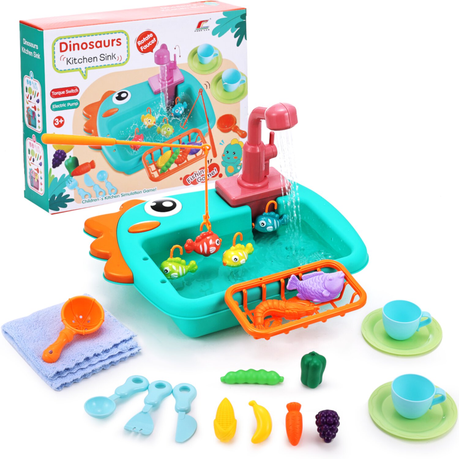 Anpro Kitchen Play Sink Toys, 25PCS Dinosaur Electronic Dishwasher Sink with Running Water, Fishing Game Toys and Play Food Set for Toddler Girls Boys, Green Anpro