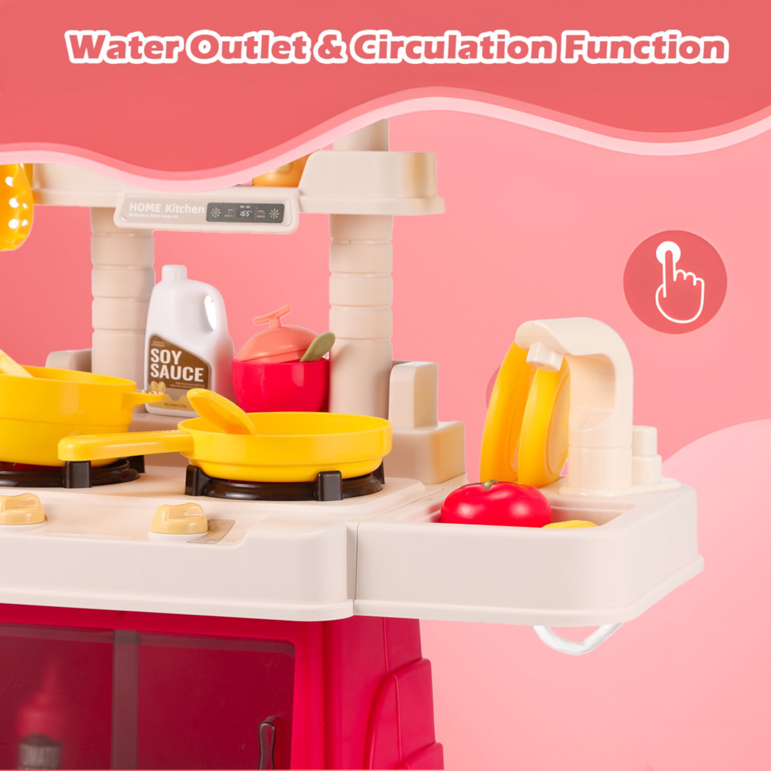 26Inch Play Kitchen Set for Kids, Anpro 48Pcs Interactive Kitchen Play Set with Sounds & Lights, Pretend Kitchen Cooking Toys for Age 3+ Boys Girls, Pink Anpro