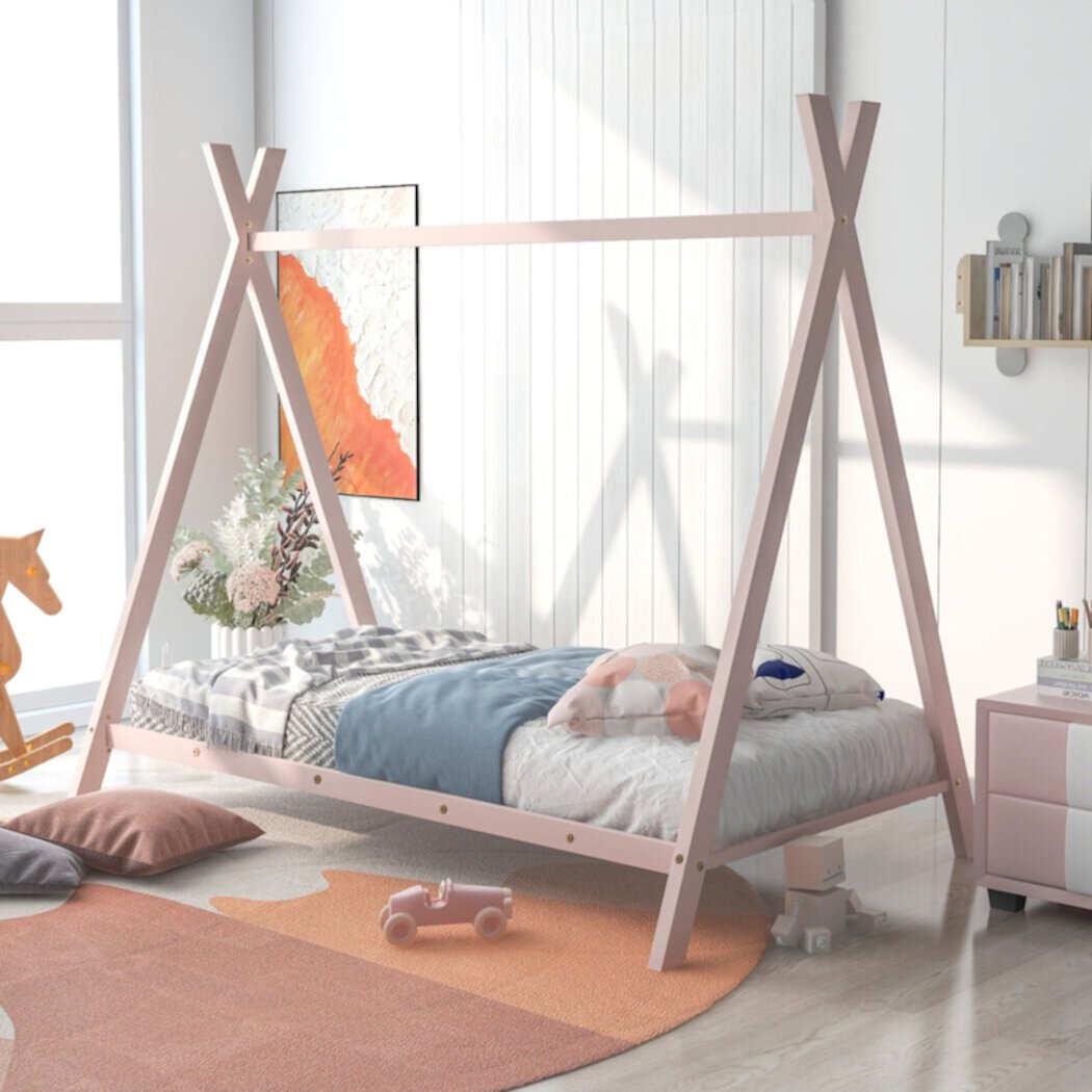 House Bed Tent Bed for Kids,  Twin Size Metal Teepee Bed with Strong Tenon Structure and 20 Slats Support Montessori Bed Frame for Bedroom, Can Be Decorated, No Box Spring Needed, Pink INCLAKE