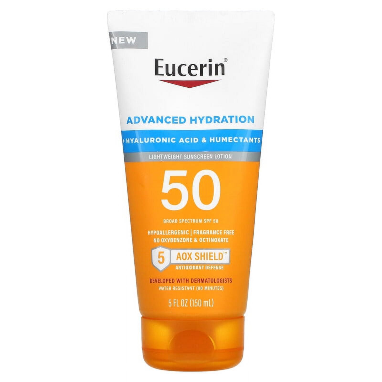 Eucerin, Hidratación Avanzada, Loción de Protección Solar Ligera, SPF 50, sin Fragancia, 5 fl oz (150 ml) Eucerin